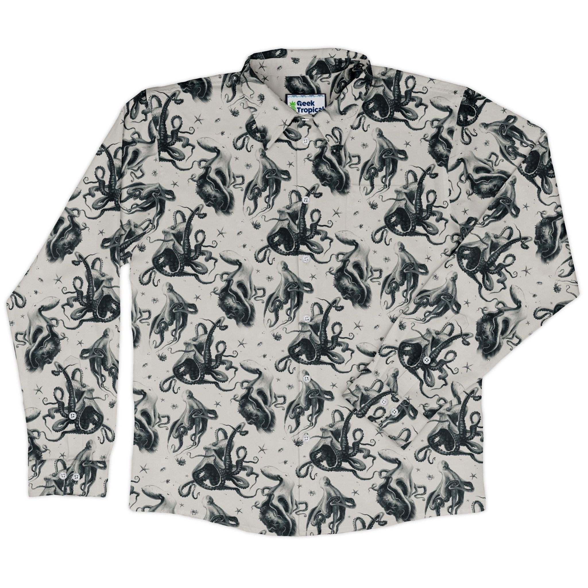 Octopus Crunch Long Sleeve Button Up Shirt Geek Nerd adult sizing Design by Vlad Mel FLOW DESC WRITING