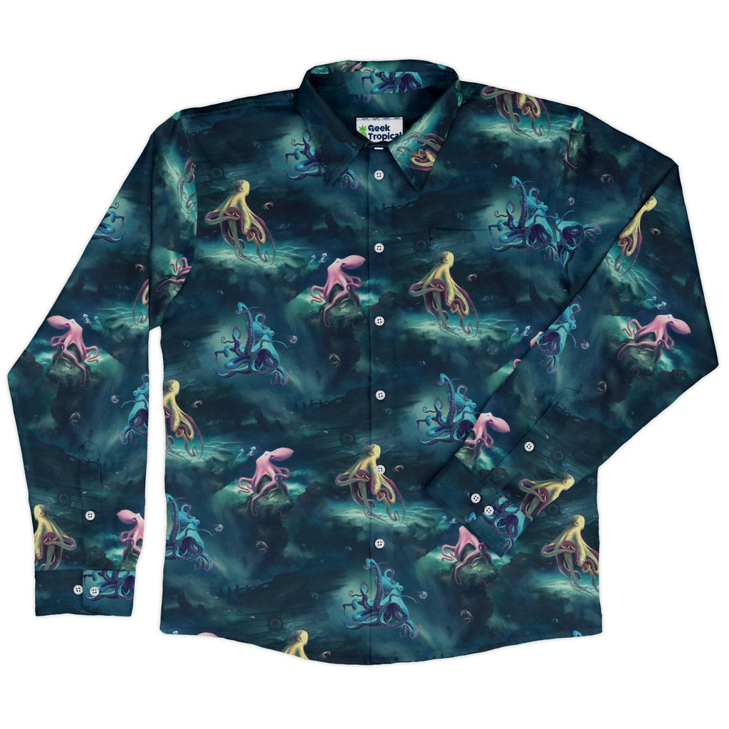 Octopus Lair Long Sleeve Button Up Shirt Geek Nerd adult sizing Design by Vlad Mel FLOW DESC WRITING