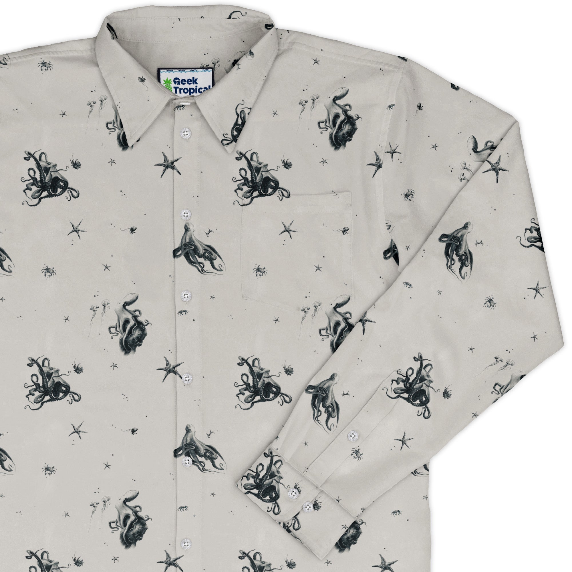 Octopus Long Sleeve Button Up Shirt Geek Nerd adult sizing Design by Vlad Mel FLOW DESC WRITING