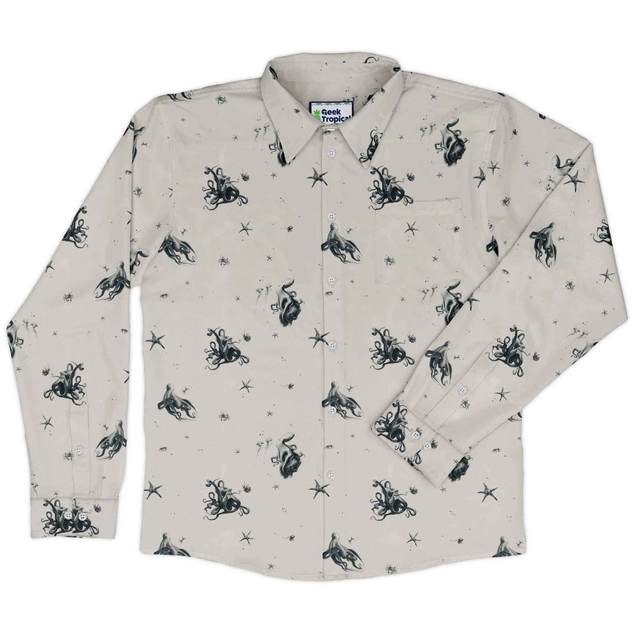 Octopus Long Sleeve Button Up Shirt Geek Nerd adult sizing Design by Vlad Mel FLOW DESC WRITING