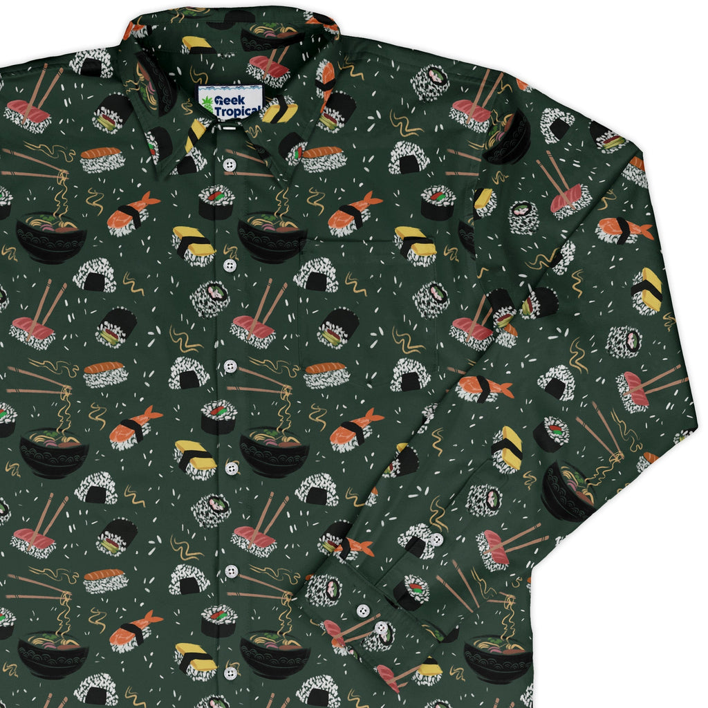 Oishi Sushi Green Long Sleeve Button Up Shirt Geek Nerd adult sizing Anime Design by Claire Murphy
