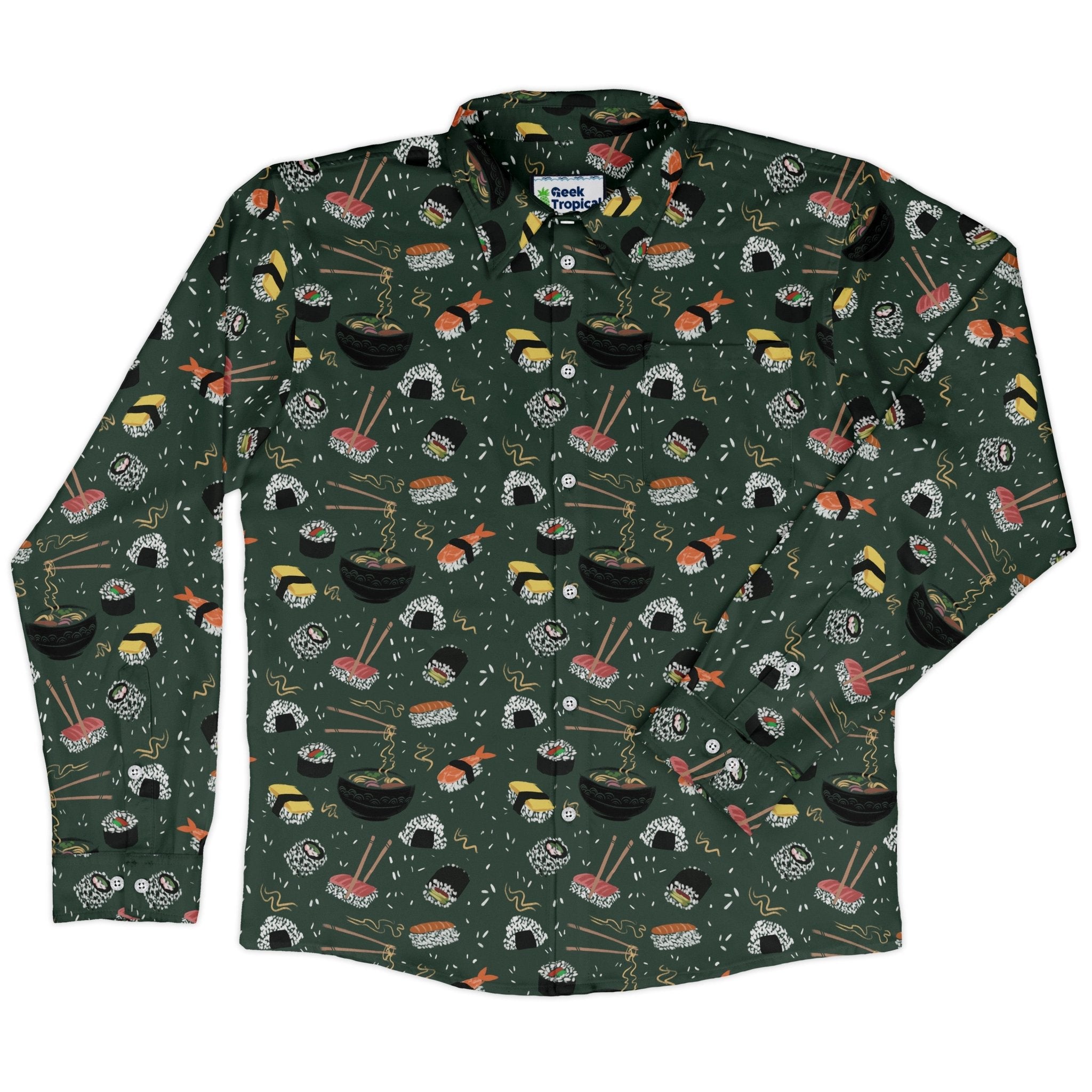 Oishi Sushi Green Long Sleeve Button Up Shirt Geek Nerd adult sizing Anime Design by Claire Murphy