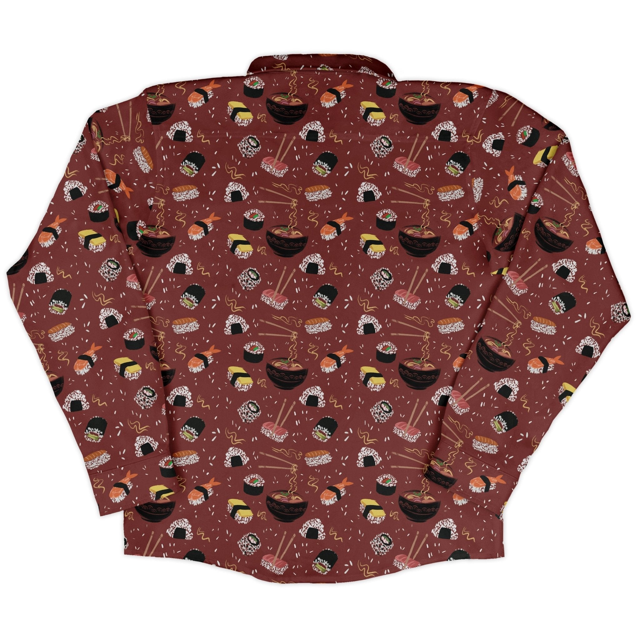 Oishi Sushi Red Long Sleeve Button Up Shirt Geek Nerd adult sizing Anime Design by Claire Murphy