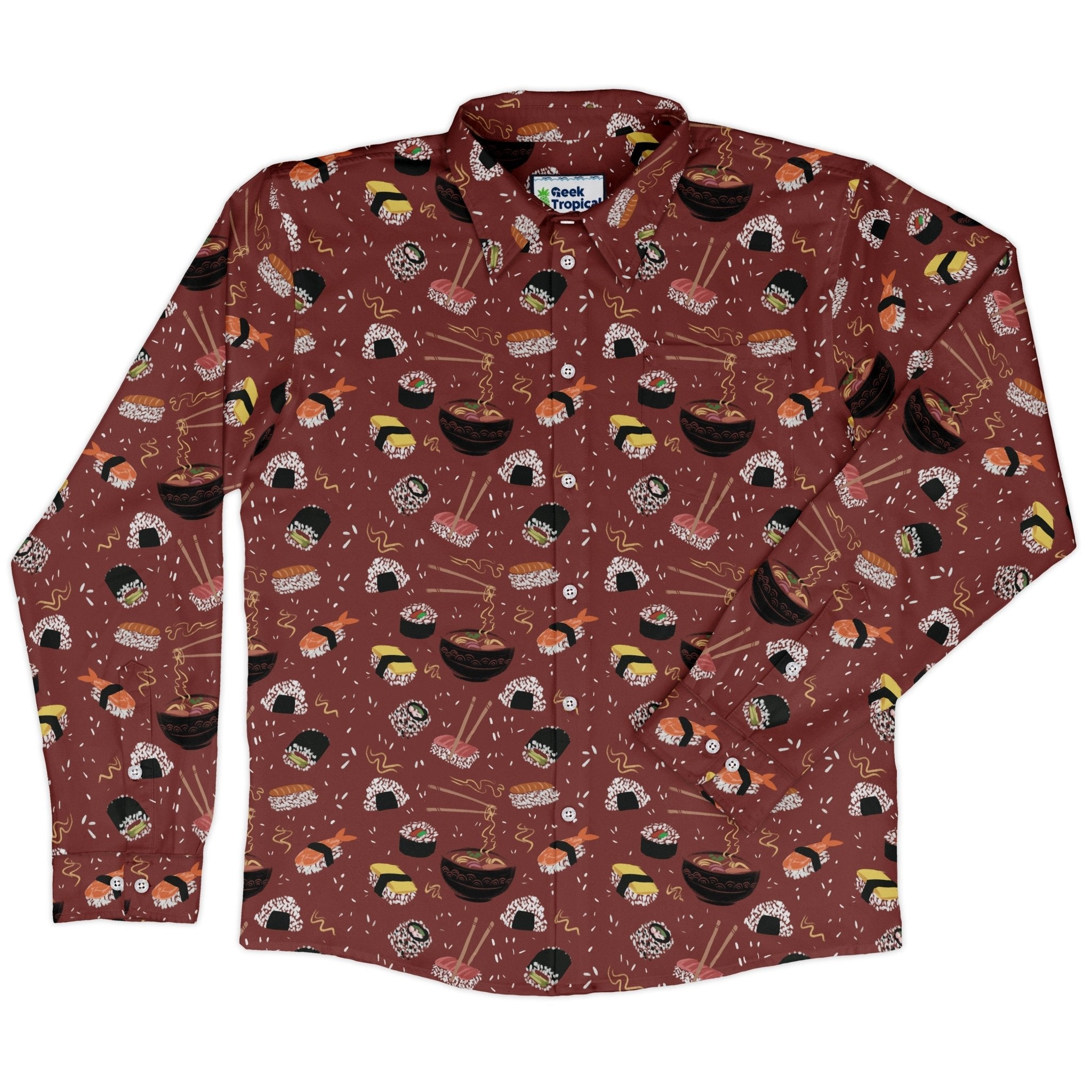 Oishi Sushi Red Long Sleeve Button Up Shirt Geek Nerd adult sizing Anime Design by Claire Murphy
