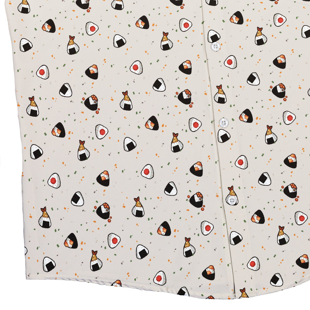 Onigiri Biege Button Up Shirt Geek Nerd adult sizing anime Design by Ardi Tong