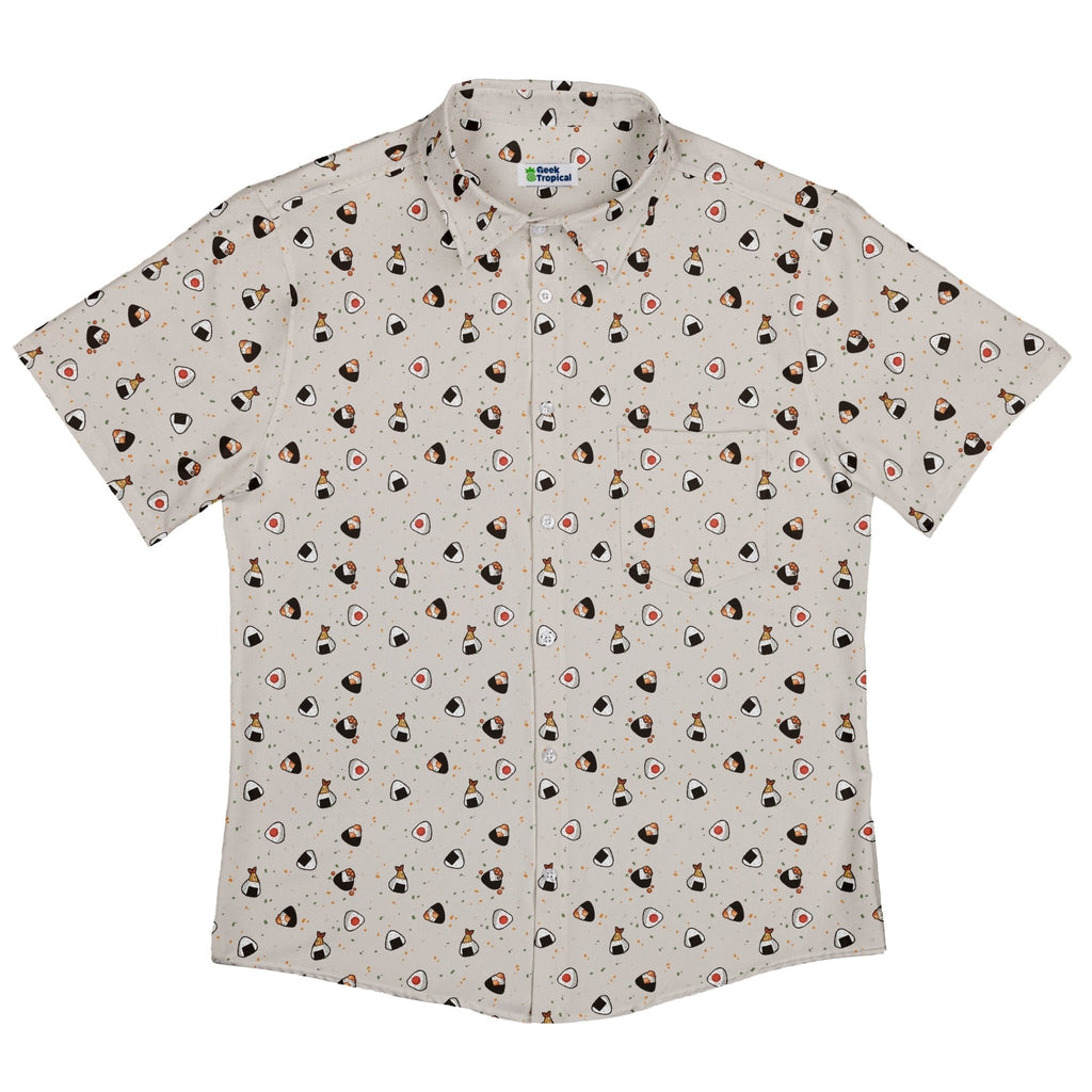 Onigiri Biege Button Up Shirt Geek Nerd adult sizing anime Design by Ardi Tong