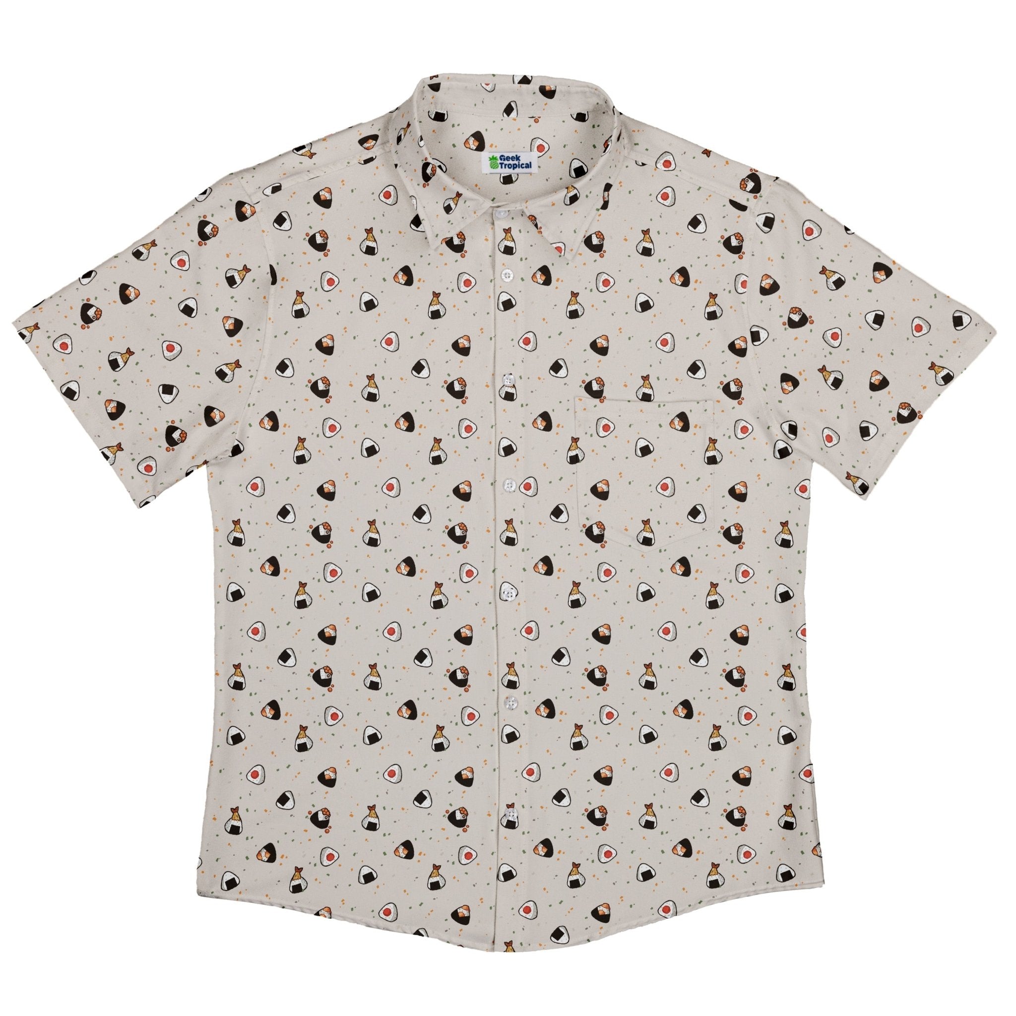 Onigiri Biege Button Up Shirt Geek Nerd adult sizing anime Design by Ardi Tong