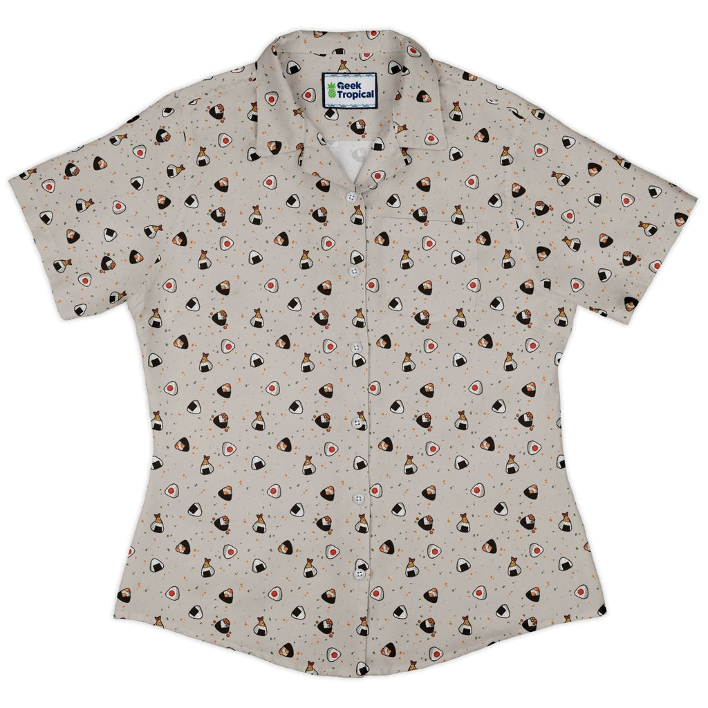 Onigiri Biege Curvy Button Up Shirt Geek Nerd anime Design by Ardi Tong q225