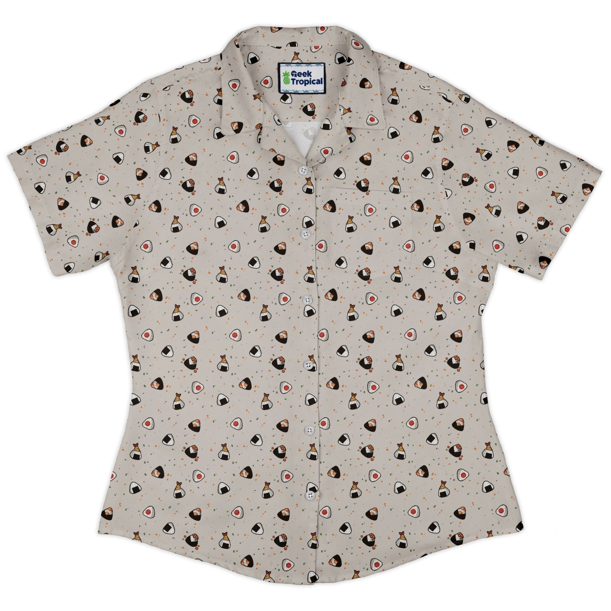 Onigiri Biege Curvy Button Up Shirt Geek Nerd anime Design by Ardi Tong q225