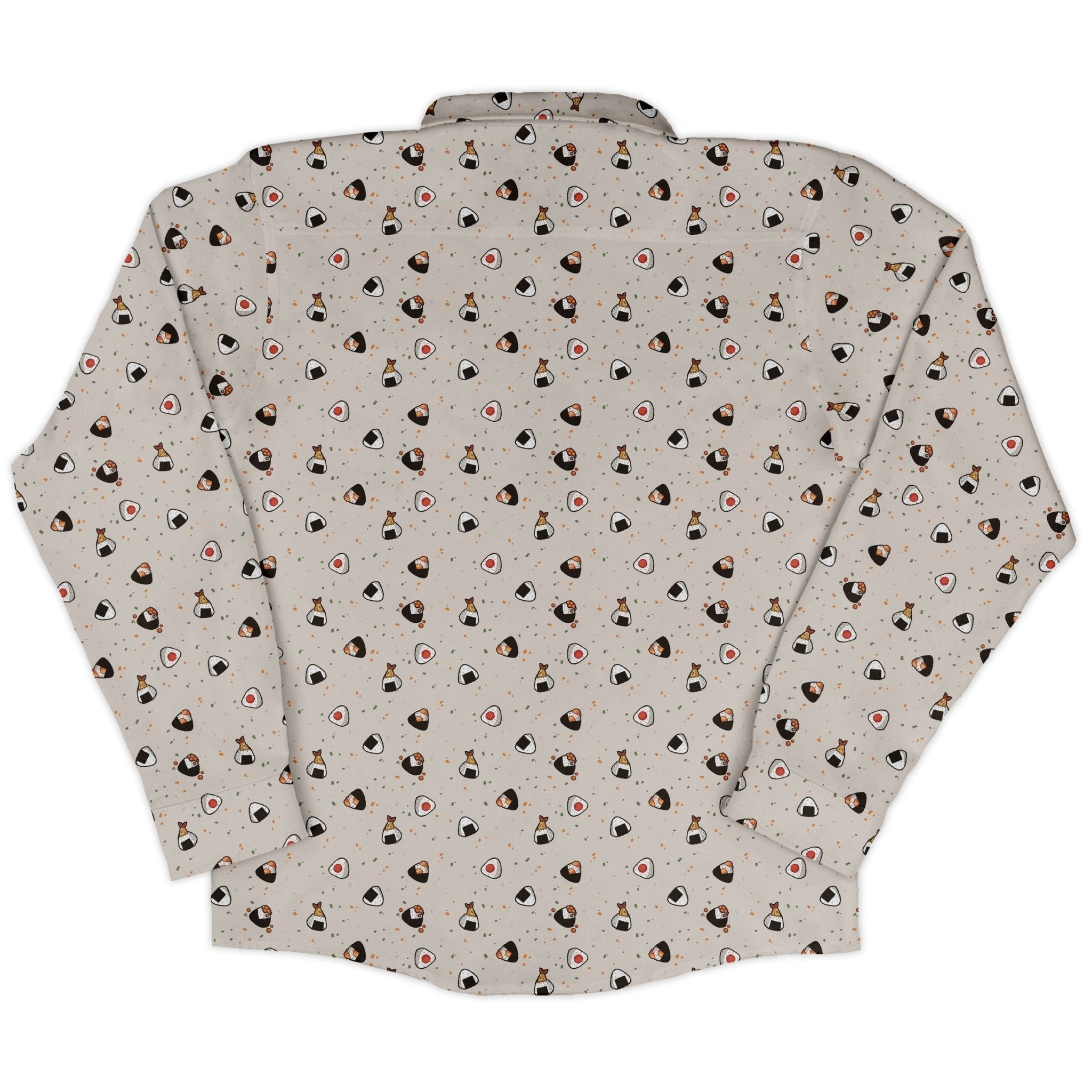 Onigiri Biege Long Sleeve Button Up Shirt Geek Nerd adult sizing anime Design by Ardi Tong