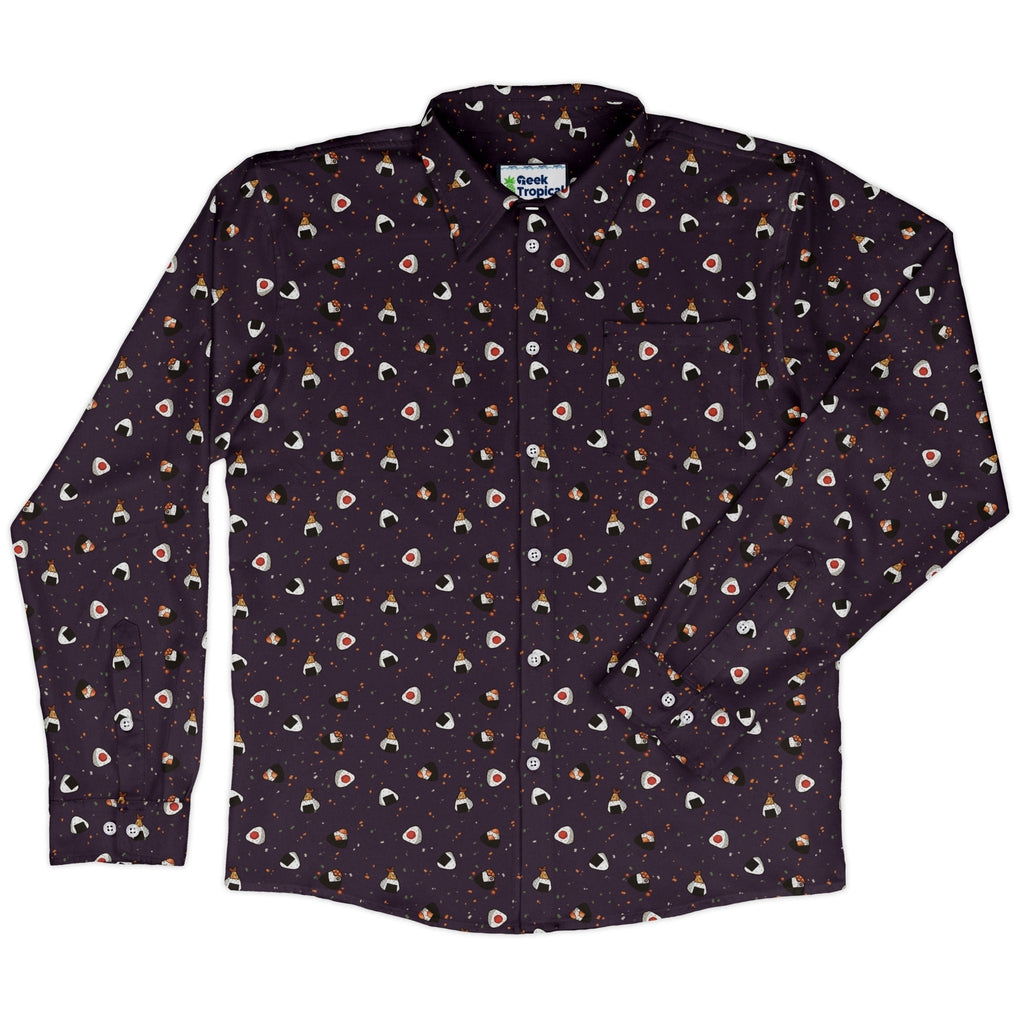 Onigiri Dark Long Sleeve Button Up Shirt Geek Nerd adult sizing anime Design by Ardi Tong