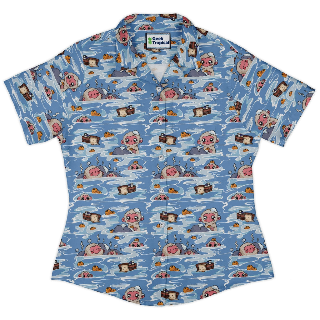Onsen Snow Monkeys Curvy Button Up Shirt Geek Nerd Anime Christmas Print Design by Ardi Tong