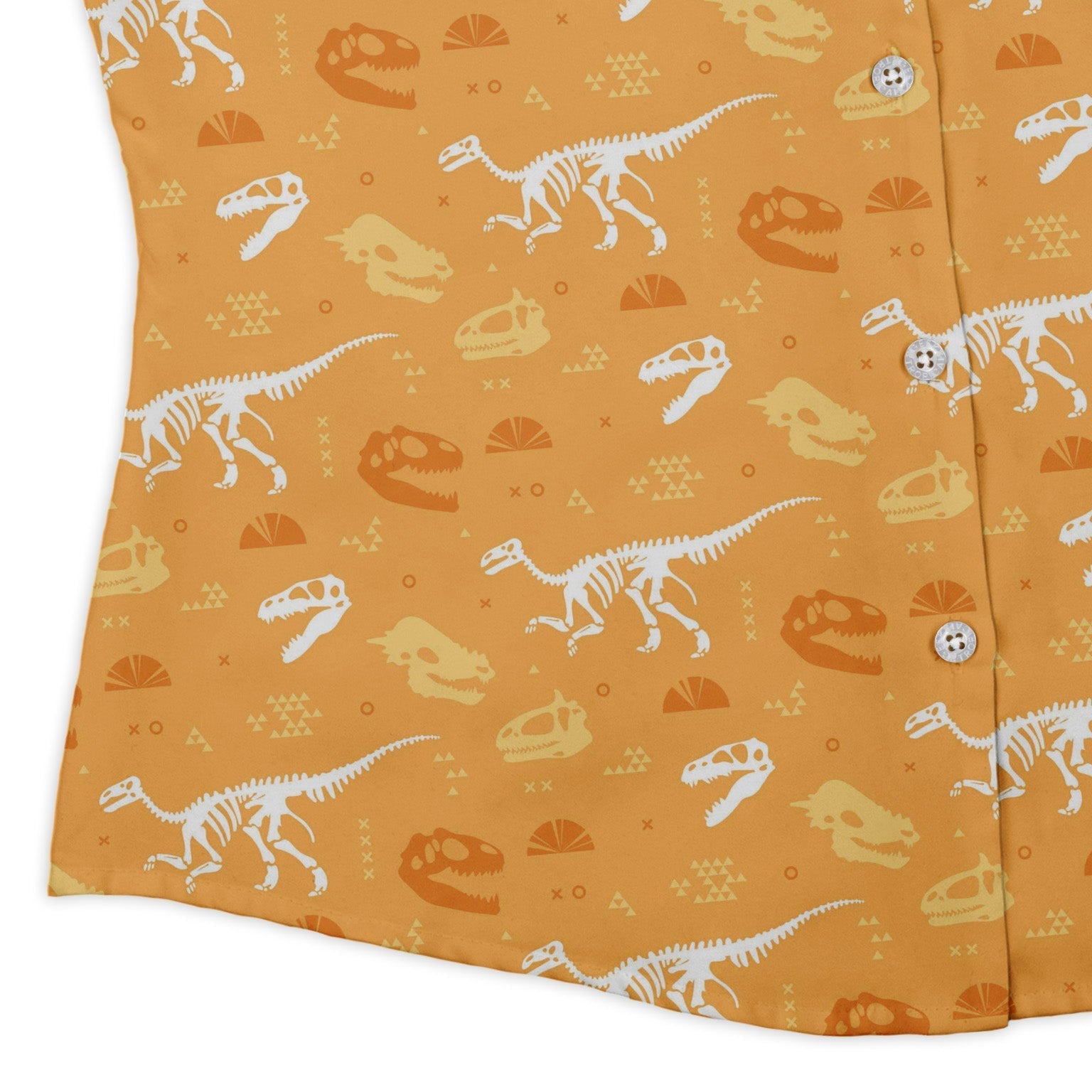 Orange Dinosaur Bones Curvy Button Up Shirt Geek Nerd dinosaur print women