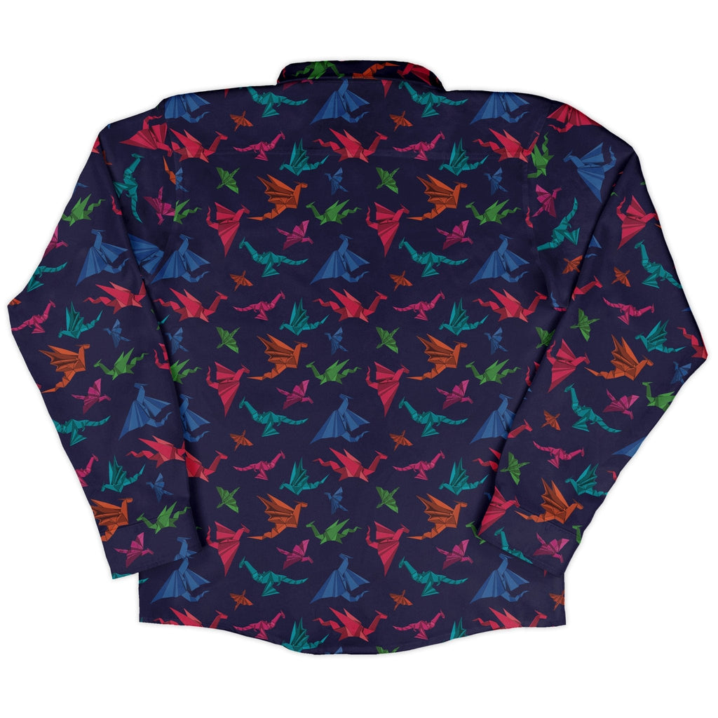 Origami Dragons Dark Long Sleeve Button Up Shirt Geek Nerd adult sizing Designs by Nathan Fantasy Prints