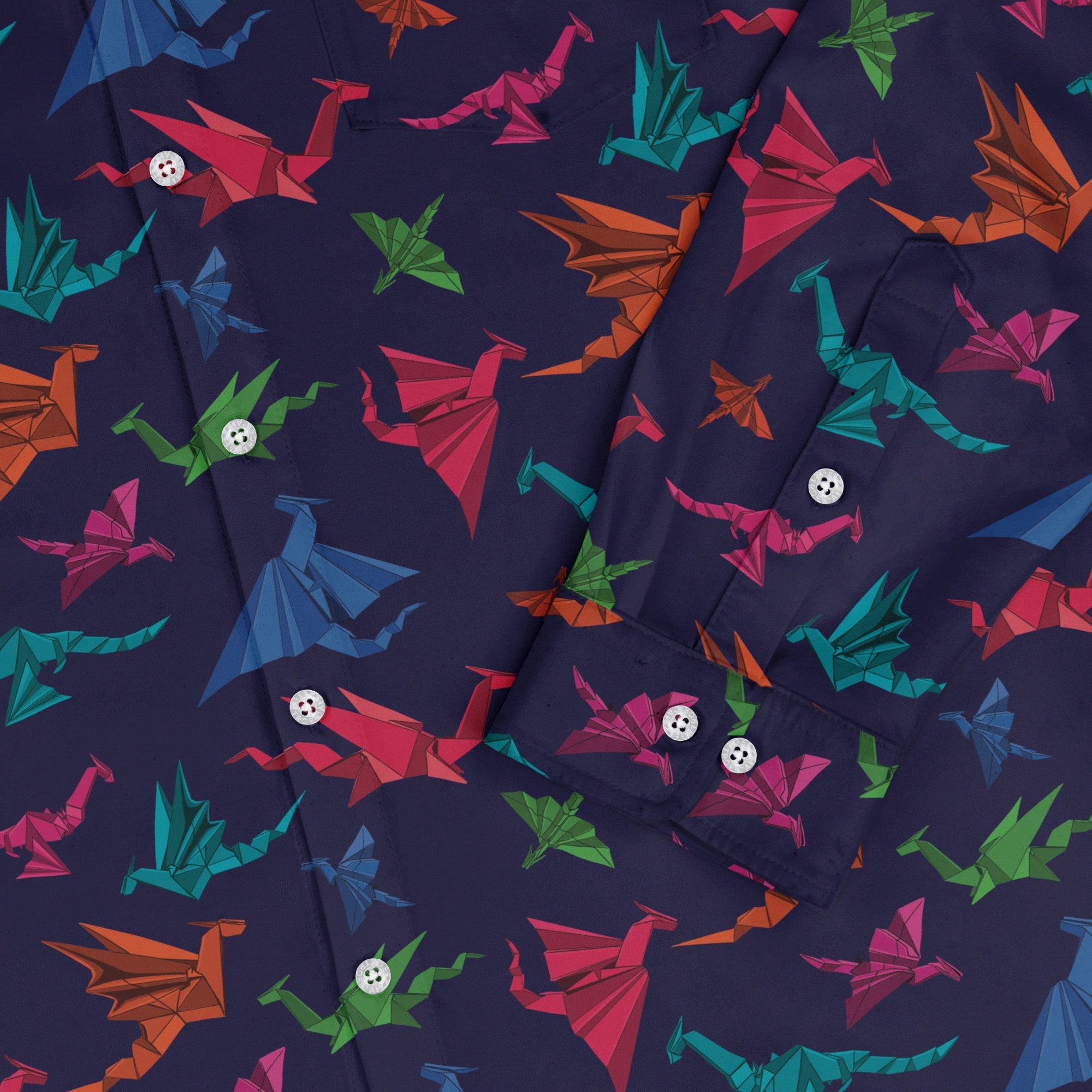 Origami Dragons Dark Long Sleeve Button Up Shirt Geek Nerd adult sizing Designs by Nathan Fantasy Prints