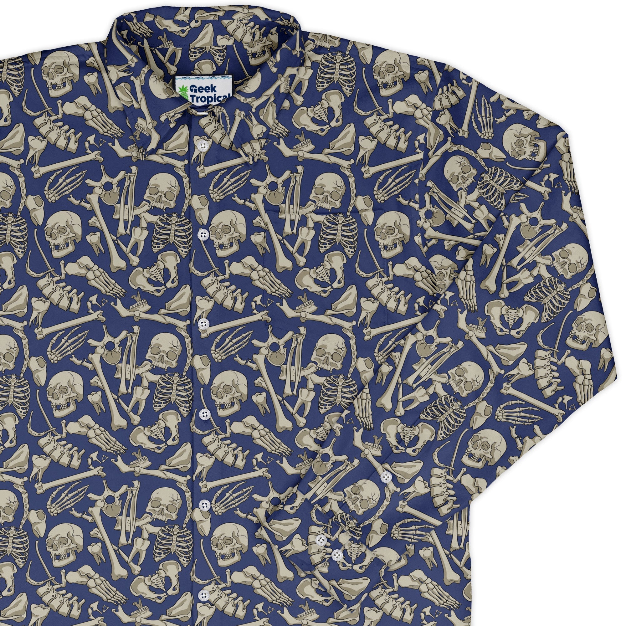 Osteology Dream Long Sleeve Button Up Shirt Geek Nerd adult sizing Design by Julie Kitzes FLOW DESC WRITING