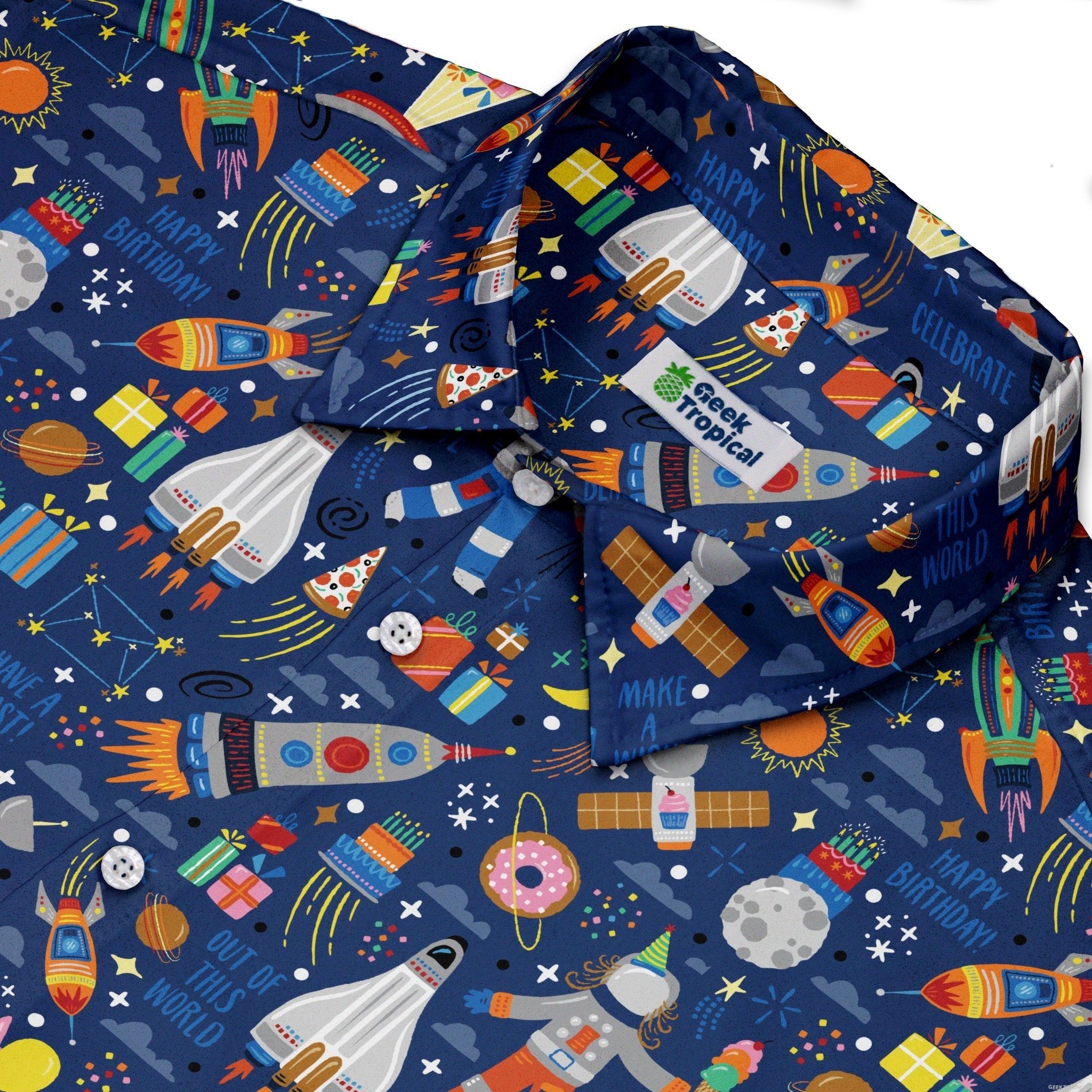 Outer Space Birthday Button Up Shirt Geek Nerd adult sizing Design by Zirkus Design outer space & astronaut print