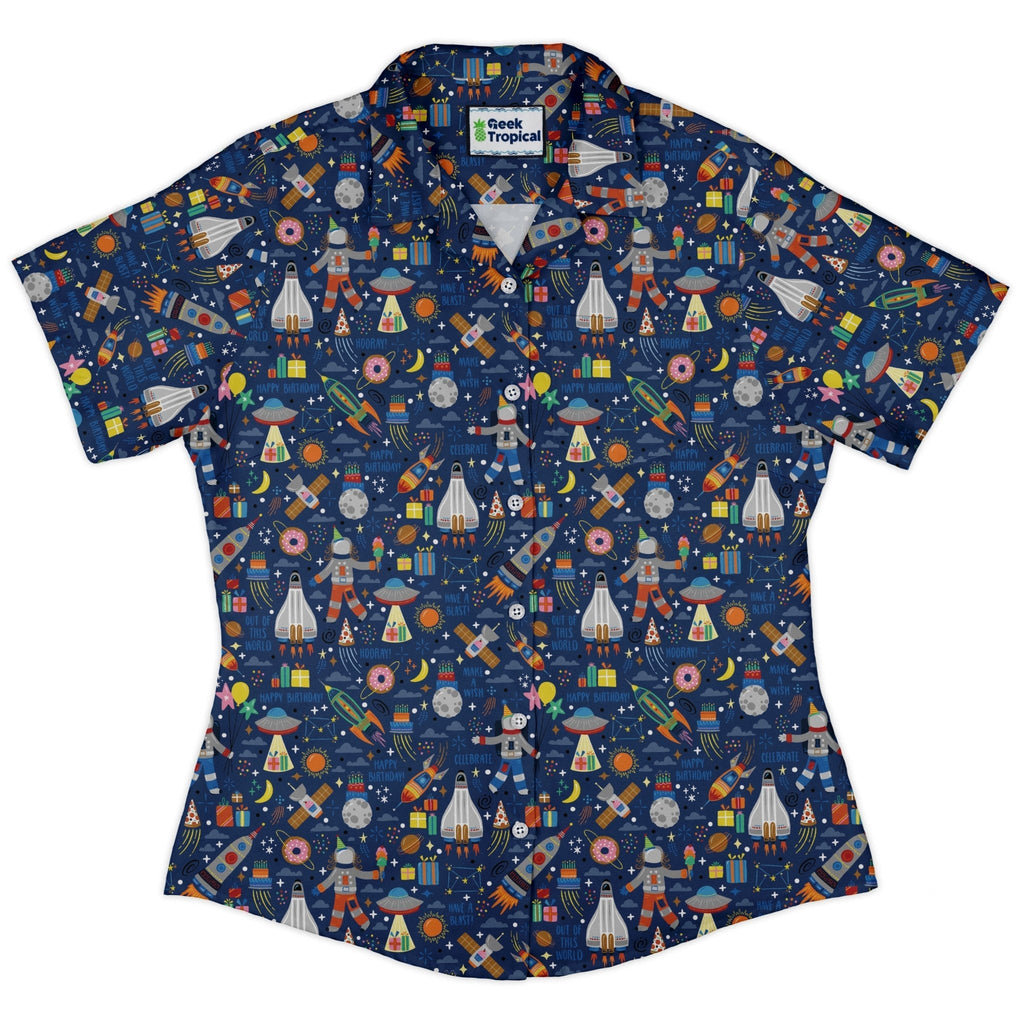 Outer Space Birthday Curvy Button Up Shirt Geek Nerd Design by Zirkus Design outer space & astronaut print q225