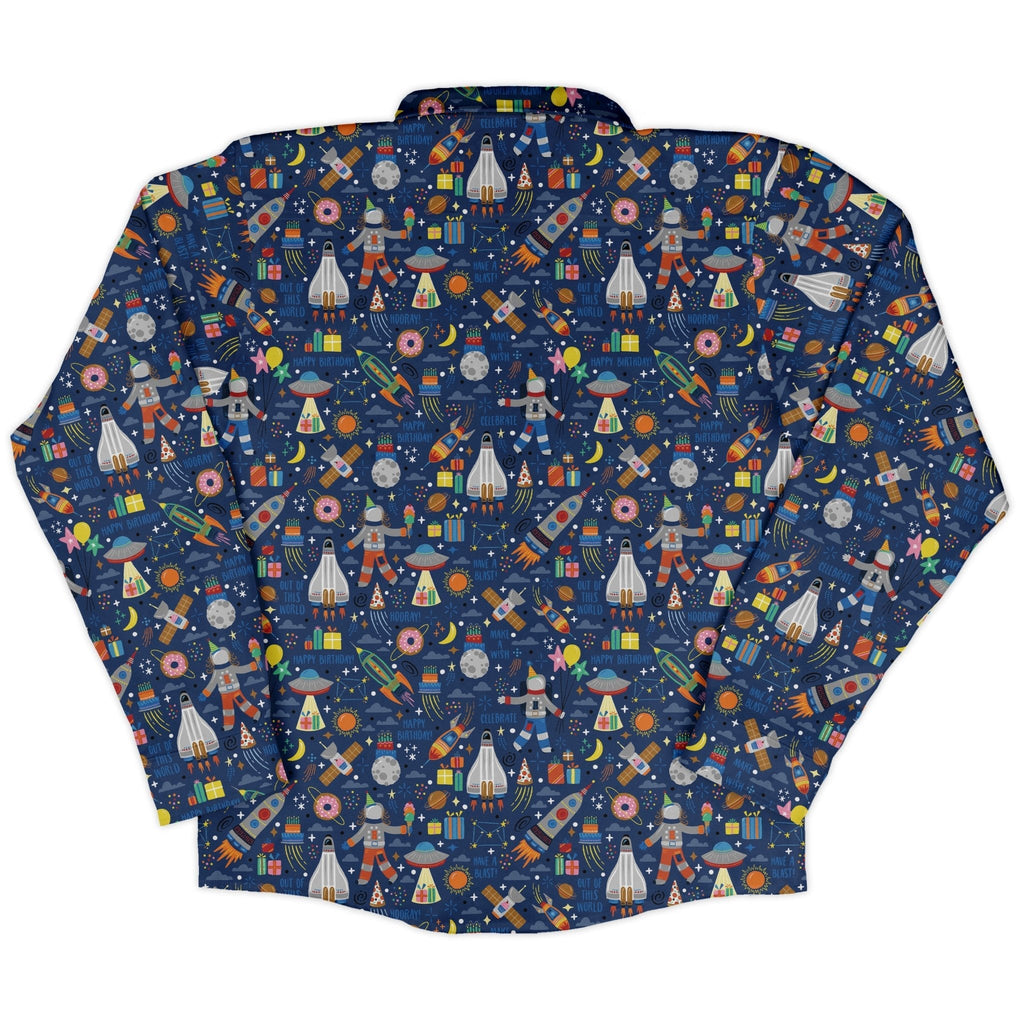 Outer Space Birthday Long Sleeve Button Up Shirt Geek Nerd adult sizing Design by Zirkus Design FLOW DESC WRITING