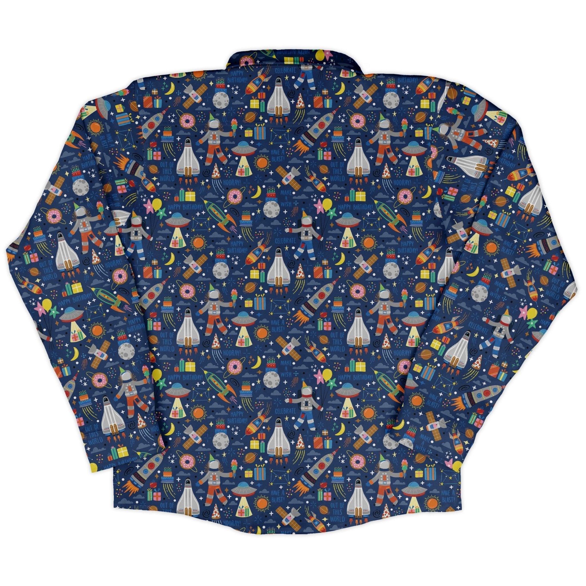 Outer Space Birthday Long Sleeve Button Up Shirt Geek Nerd adult sizing Design by Zirkus Design FLOW DESC WRITING