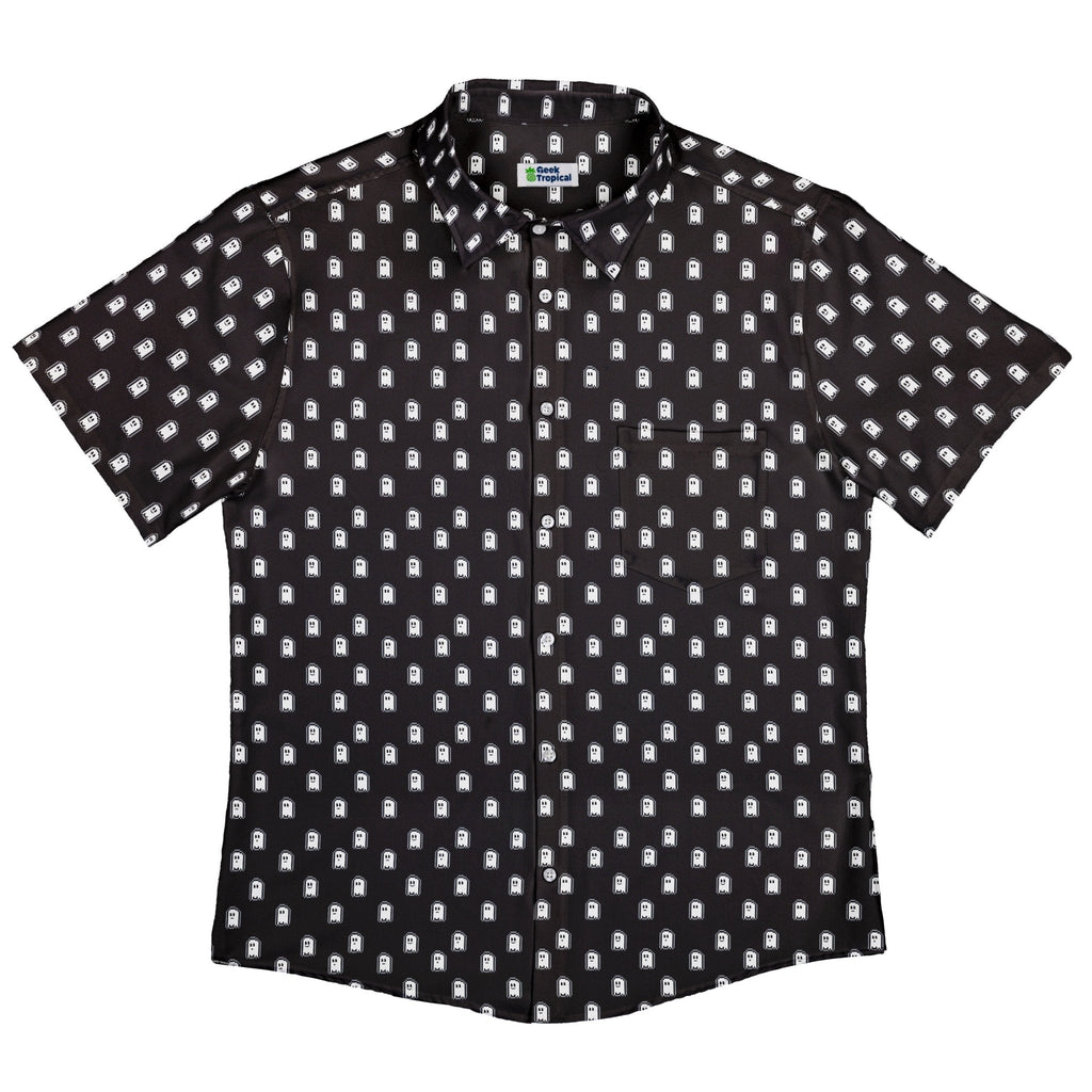 Pixel Ghost Button Up Shirt - adult sizing - Design by Heather Davenport - halloween