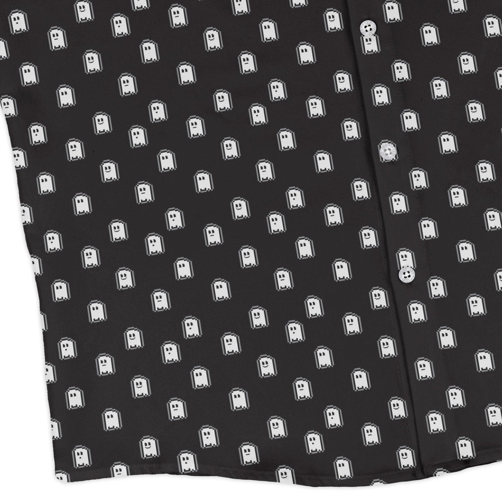 PIxel Ghost Long Sleeve Button Up Shirt Geek Nerd adult sizing Design by Heather Davenport FLOW DESC WRITING