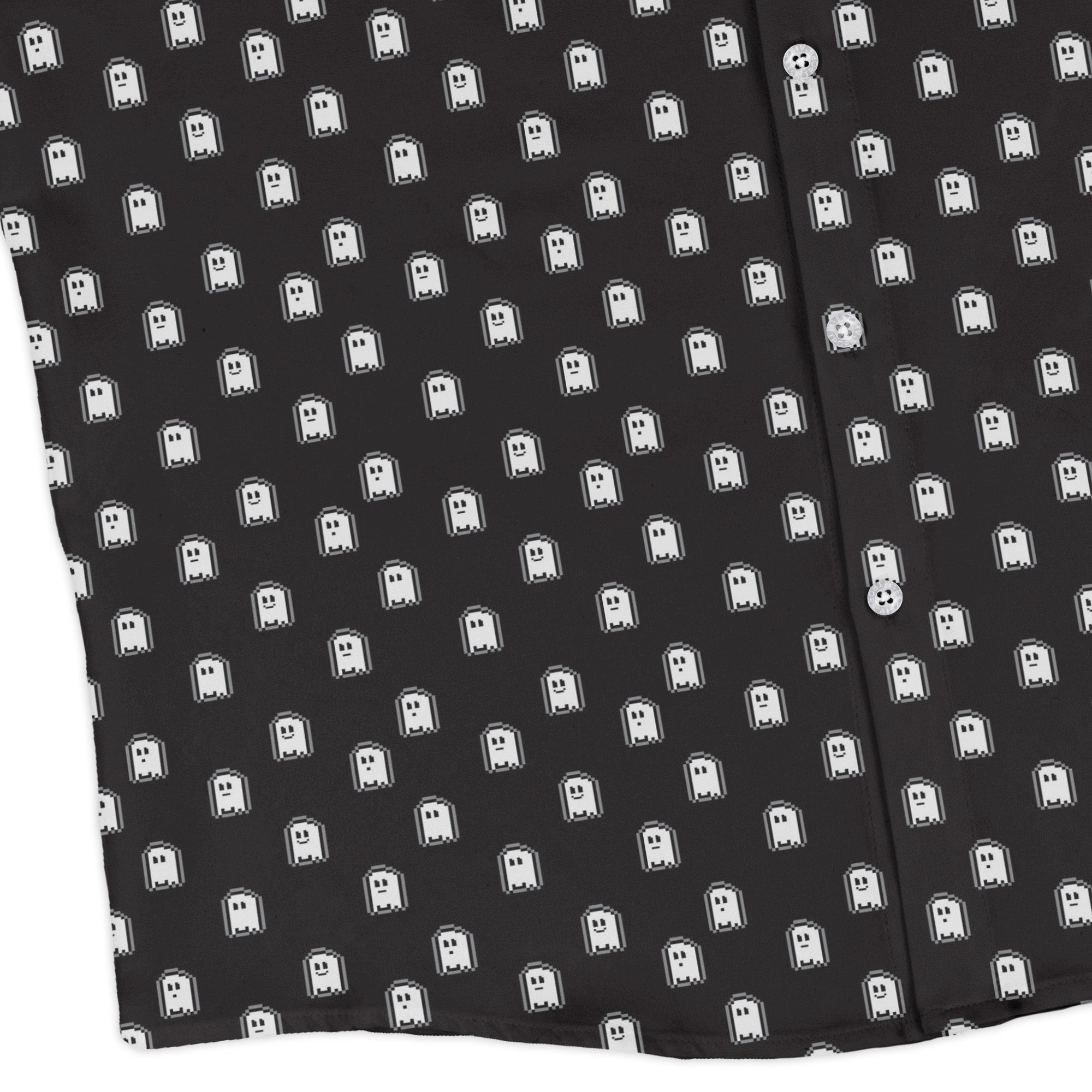 PIxel Ghost Long Sleeve Button Up Shirt Geek Nerd adult sizing Design by Heather Davenport FLOW DESC WRITING
