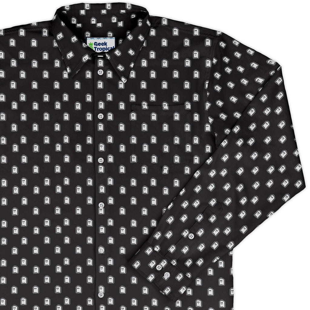 PIxel Ghost Long Sleeve Button Up Shirt Geek Nerd adult sizing Design by Heather Davenport FLOW DESC WRITING
