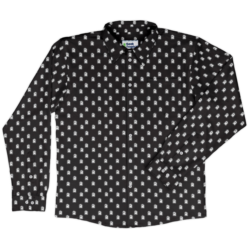 PIxel Ghost Long Sleeve Button Up Shirt Geek Nerd adult sizing Design by Heather Davenport FLOW DESC WRITING