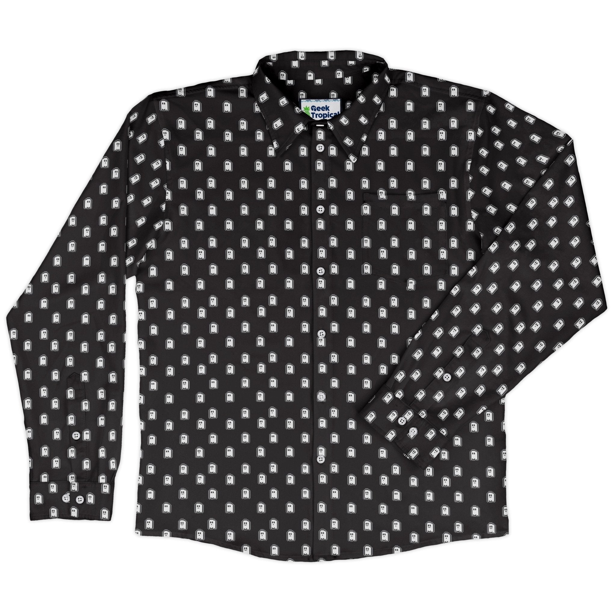 PIxel Ghost Long Sleeve Button Up Shirt Geek Nerd adult sizing Design by Heather Davenport FLOW DESC WRITING