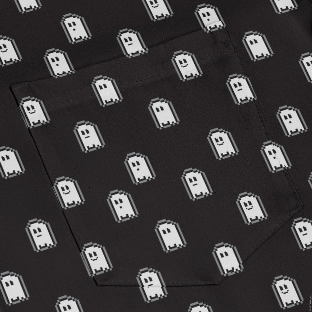 PIxel Ghost Long Sleeve Button Up Shirt Geek Nerd adult sizing Design by Heather Davenport FLOW DESC WRITING