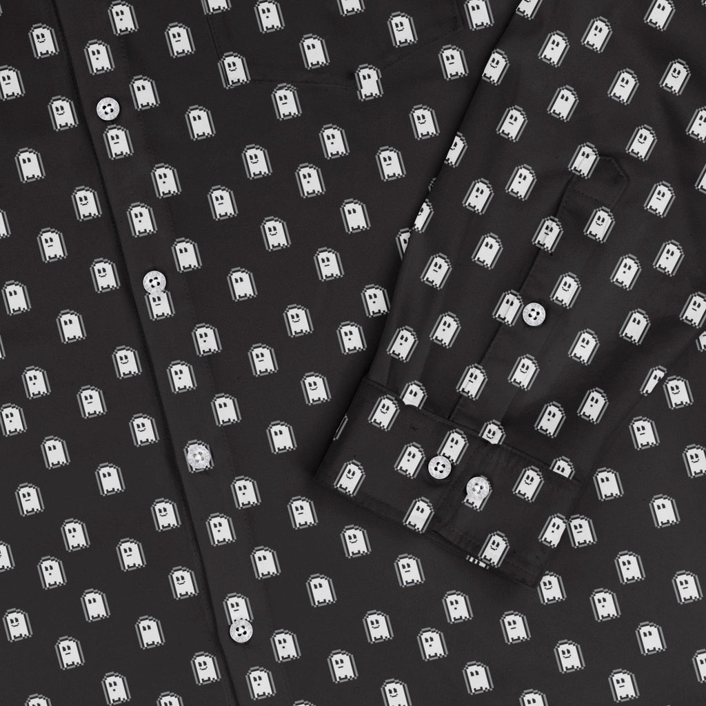 PIxel Ghost Long Sleeve Button Up Shirt Geek Nerd adult sizing Design by Heather Davenport FLOW DESC WRITING