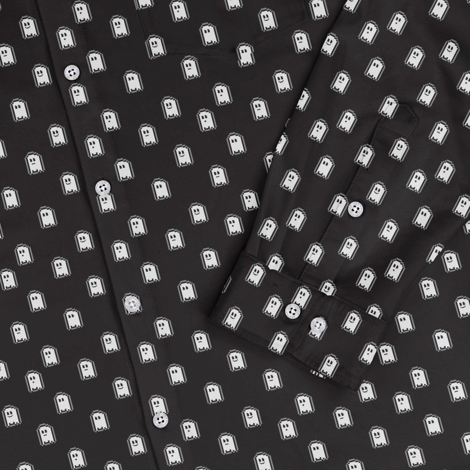 PIxel Ghost Long Sleeve Button Up Shirt Geek Nerd adult sizing Design by Heather Davenport FLOW DESC WRITING