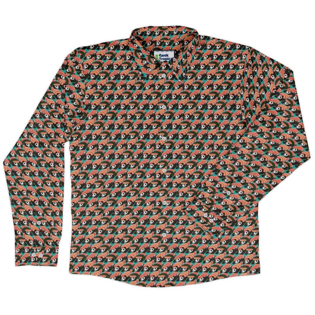 Panda Nigiri Anime Long Sleeve Button Up Shirt Geek Nerd adult sizing Animal Patterns Anime