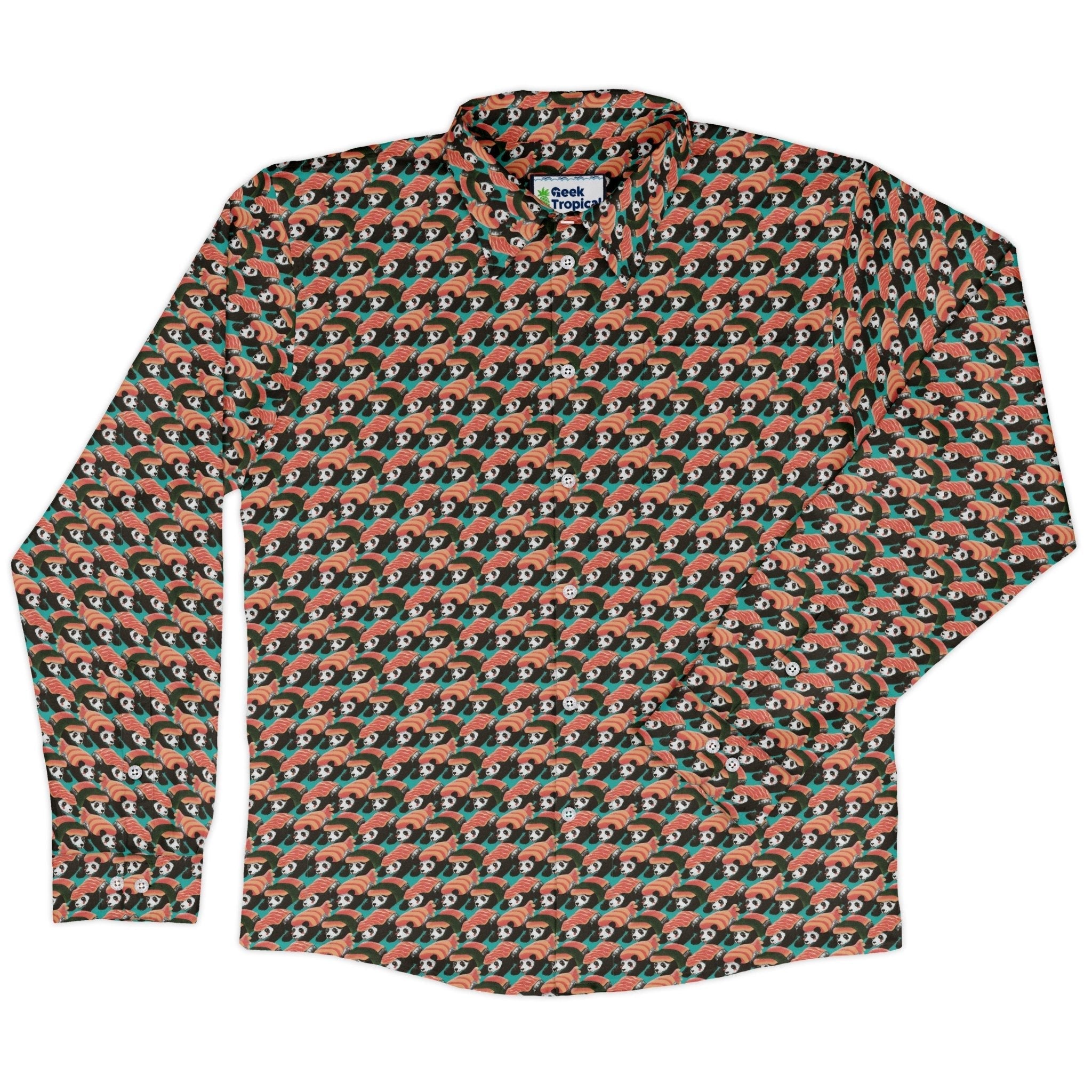 Panda Nigiri Anime Long Sleeve Button Up Shirt Geek Nerd adult sizing Animal Patterns Anime