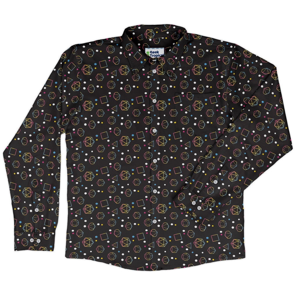 Pansexual Pride Flag Dnd Dice Long Sleeve Button Up Shirt Geek Nerd adult sizing Design by Heather Davenport dnd & rpg print