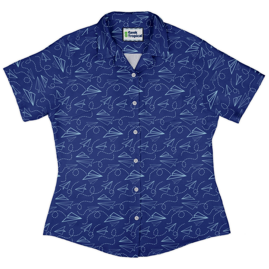 Paper Airplanes Blue Curvy Button Up Shirt Geek Nerd 0925 All Adult Button Up Shirts aviation print