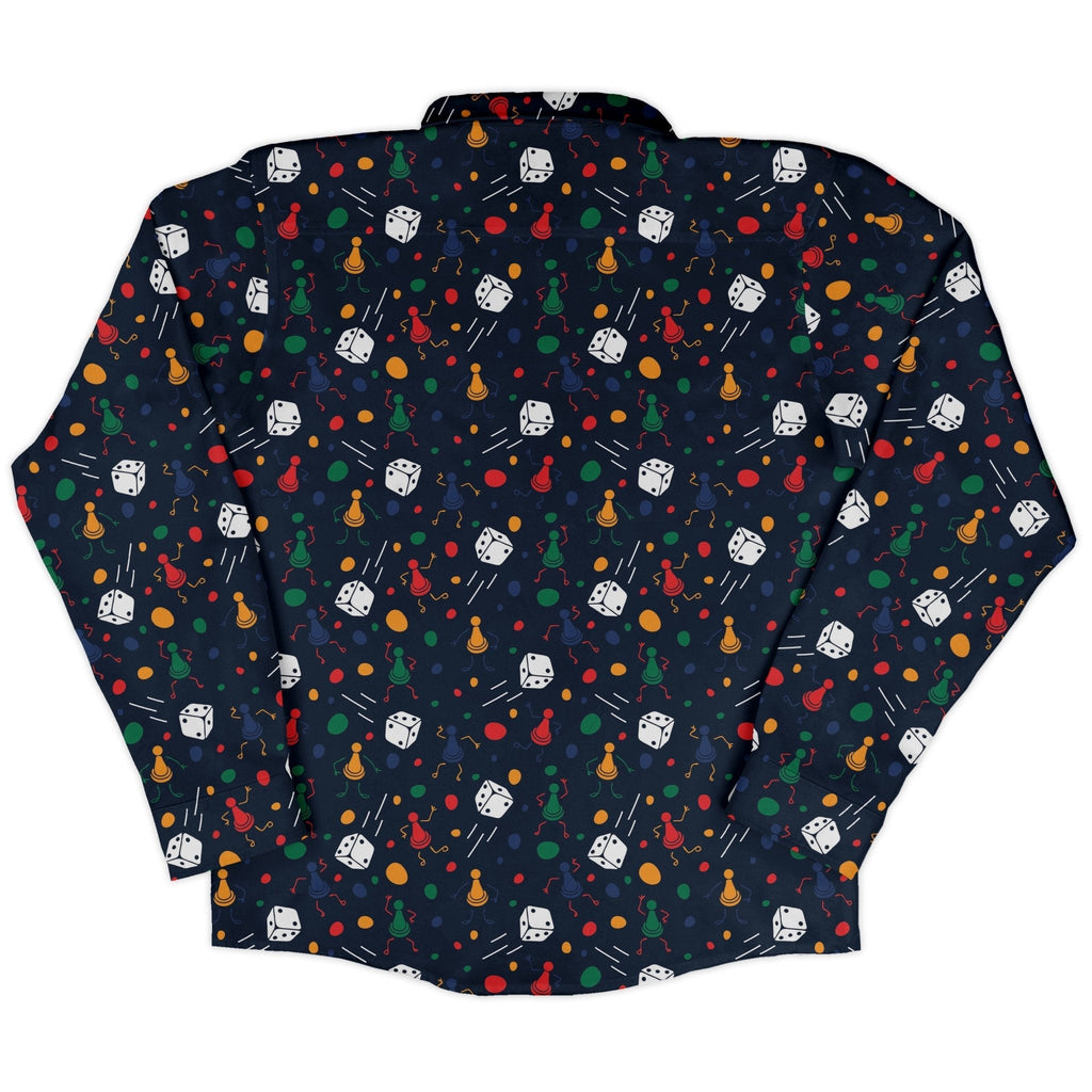 Pawn Party Blue Board Game Long Sleeve Button Up Shirt Geek Nerd adult sizing board game print FLOW DESC WRITING