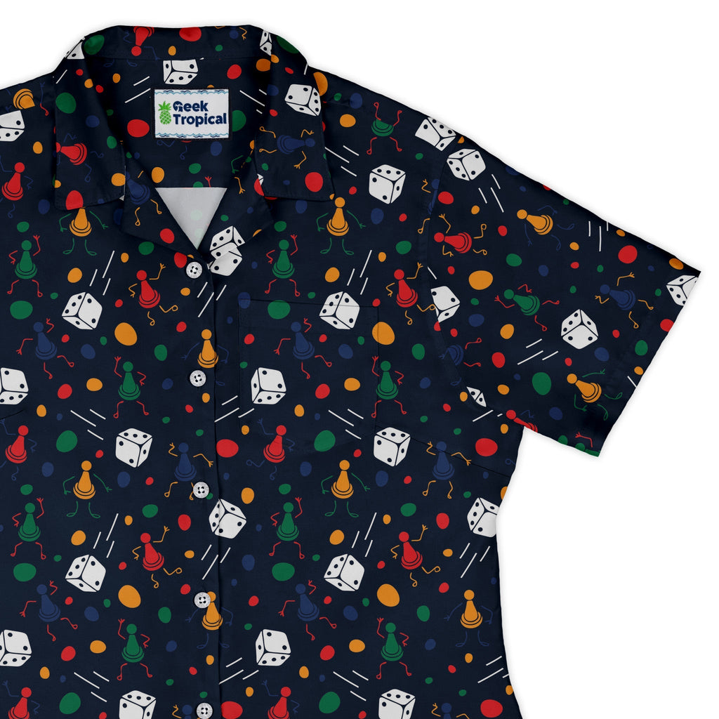 Pawn Party Blue Board Game Curvy Button Up Shirt Geek Nerd board game print women