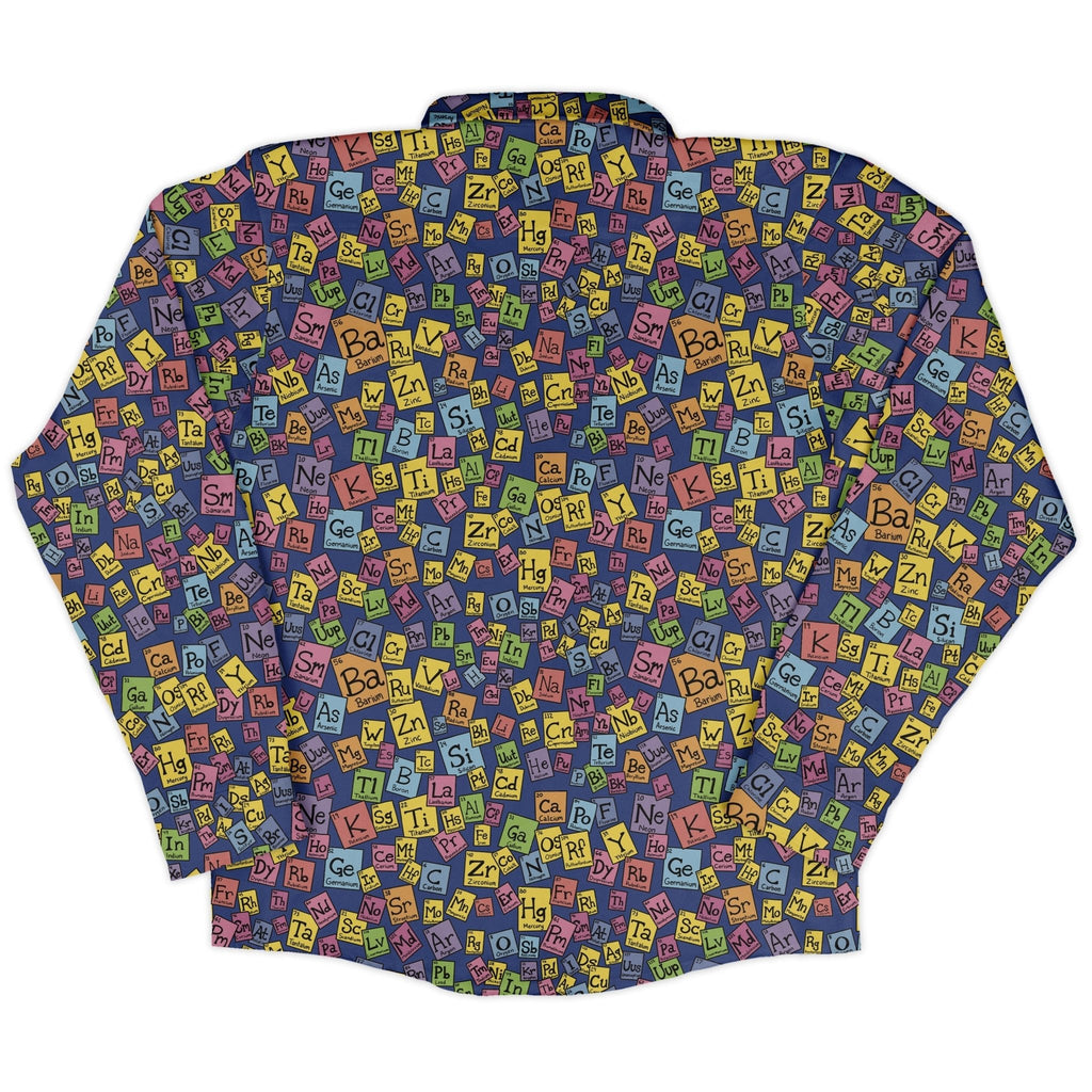 Periodic Table Blue Long Sleeve Button Up Shirt Geek Nerd adult sizing Design by Julie Kitzes FLOW DESC WRITING