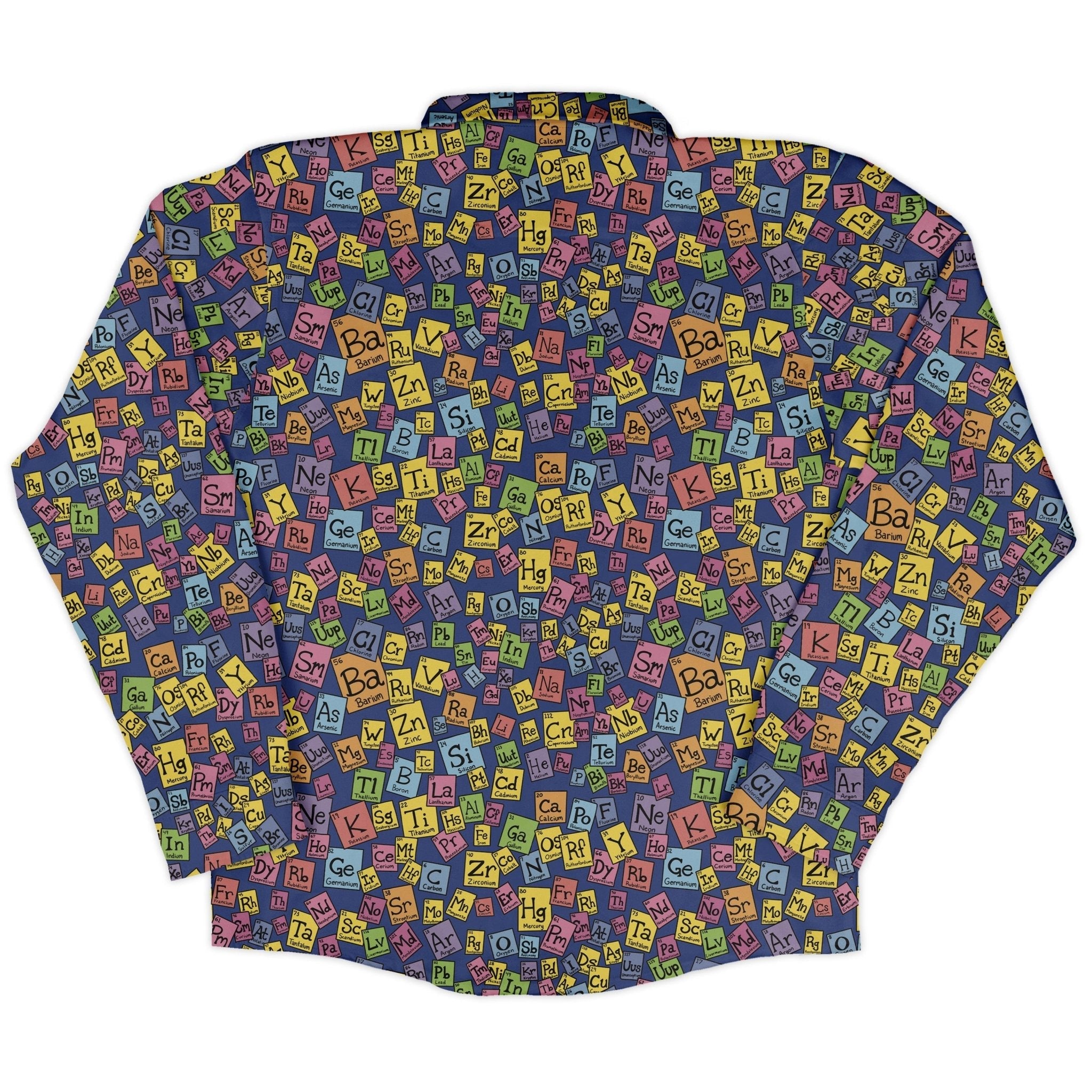 Periodic Table Blue Long Sleeve Button Up Shirt Geek Nerd adult sizing Design by Julie Kitzes FLOW DESC WRITING