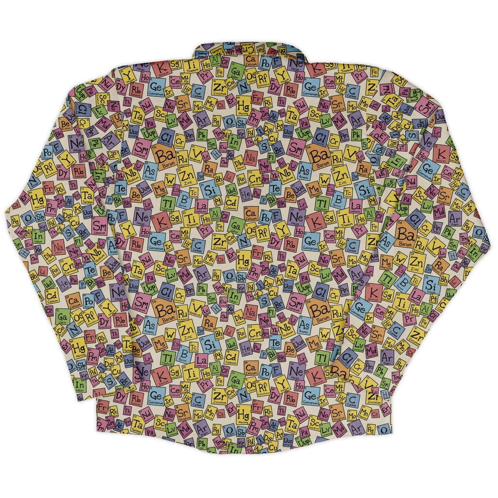 Periodic Table Tan Long Sleeve Button Up Shirt Geek Nerd adult sizing Design by Julie Kitzes FLOW DESC WRITING