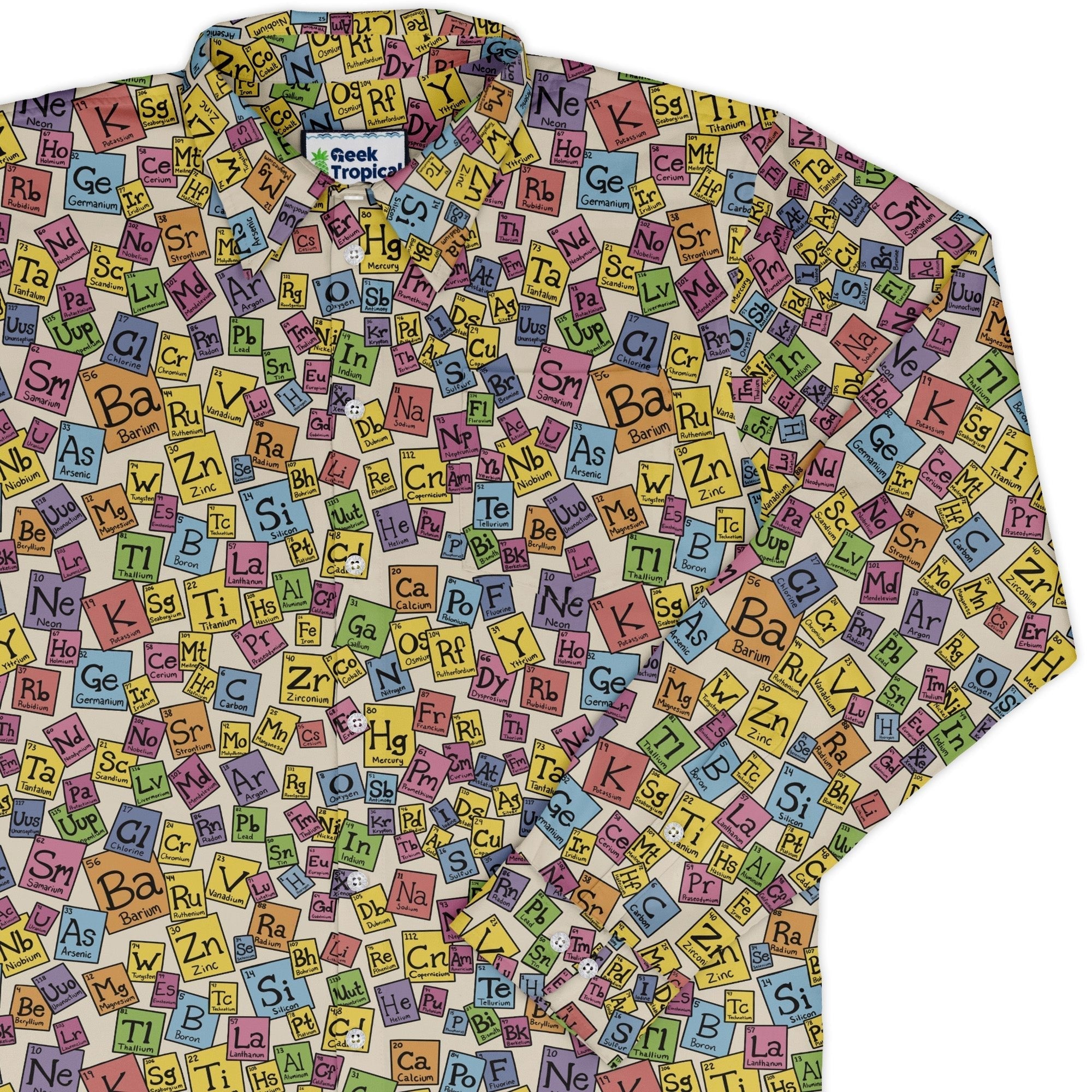 Periodic Table Tan Long Sleeve Button Up Shirt Geek Nerd adult sizing Design by Julie Kitzes FLOW DESC WRITING