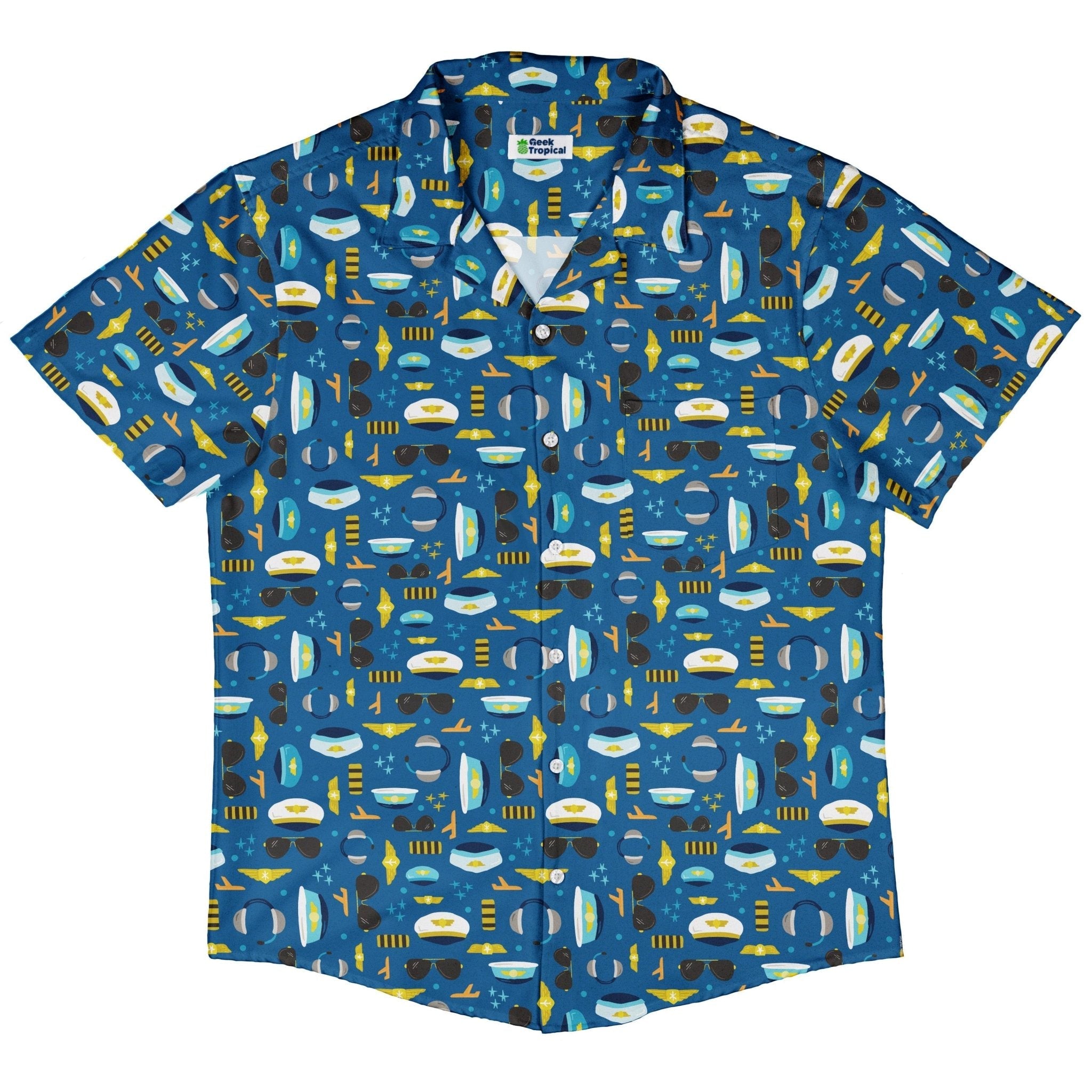 Pilot Uniform Button Up Shirt Geek Nerd adult sizing aviation print Design by Zirkus Design