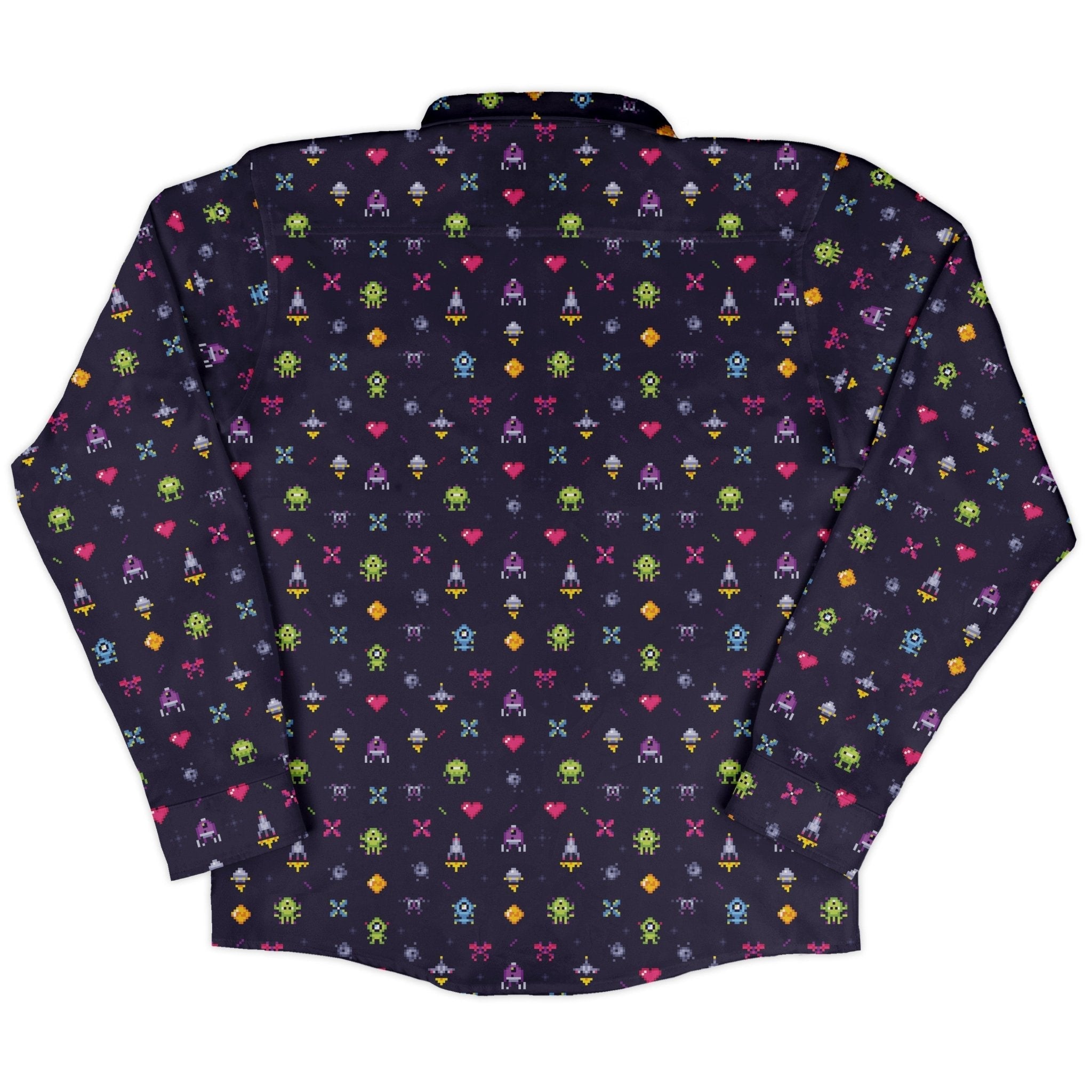 Pixel Art Arcade Video Game Purple Long Sleeve Button Up Shirt Geek Nerd adult sizing FLOW DESC WRITING video game arcade print
