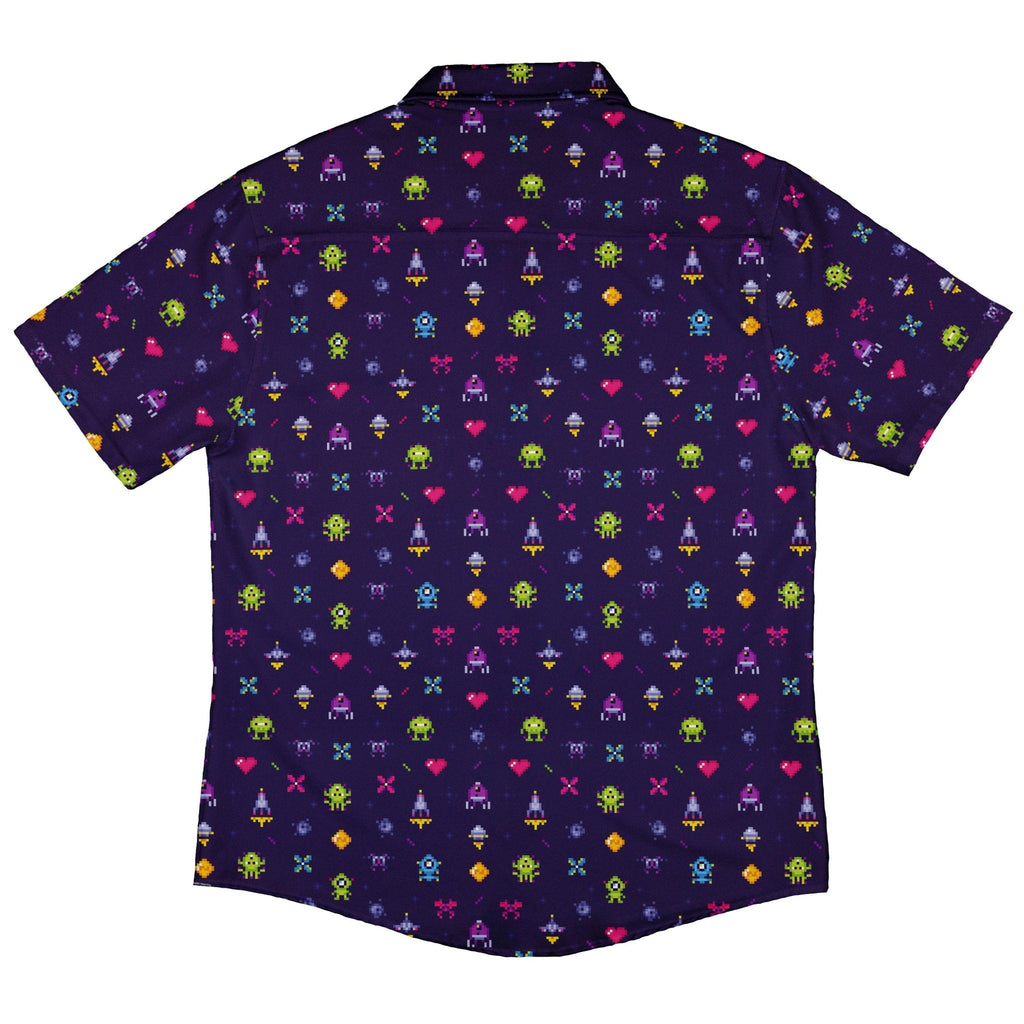 Pixel Art Arcade Video Game Purple Button Up Shirt - adult sizing - video game arcade print -
