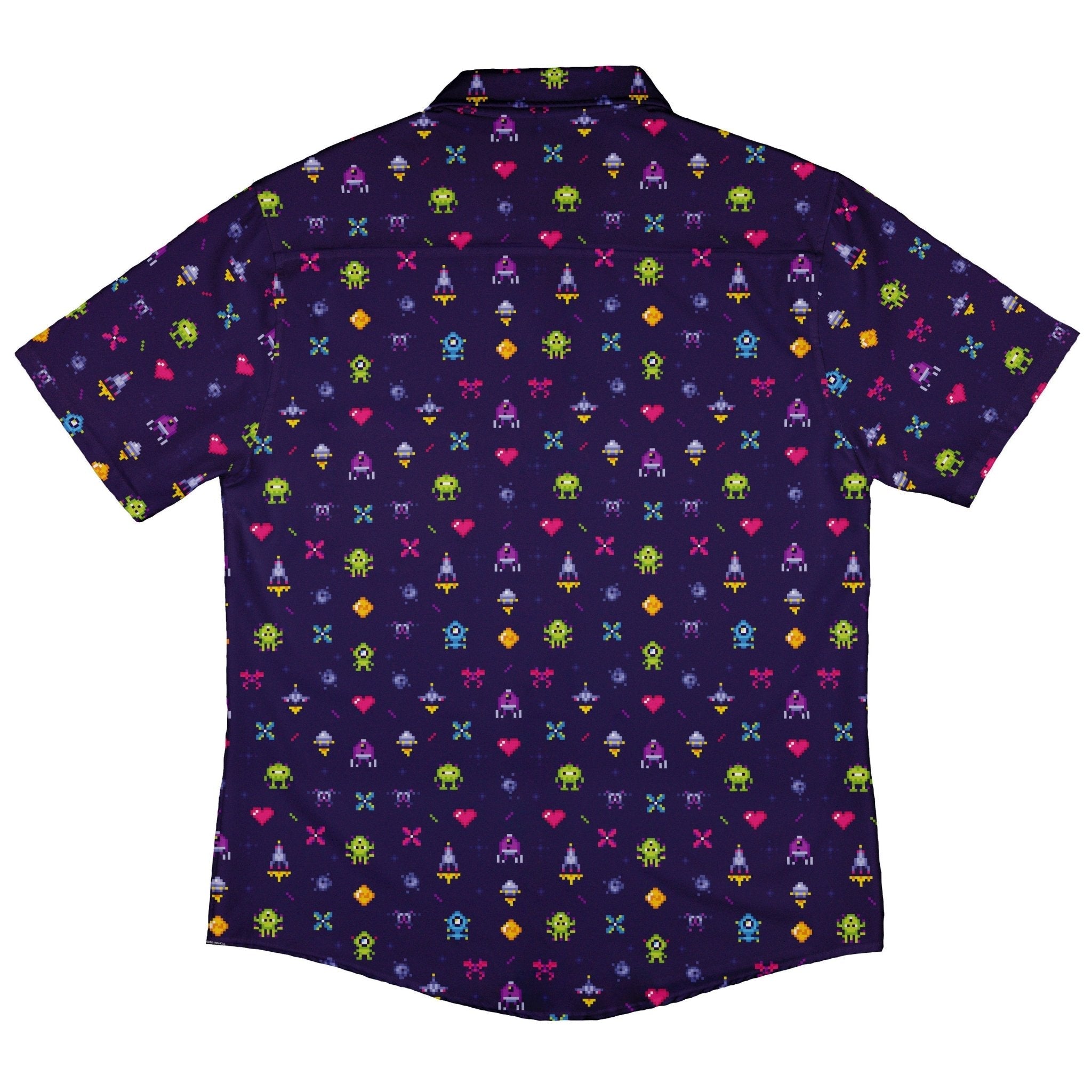 Pixel Art Arcade Video Game Purple Button Up Shirt - adult sizing - video game arcade print -