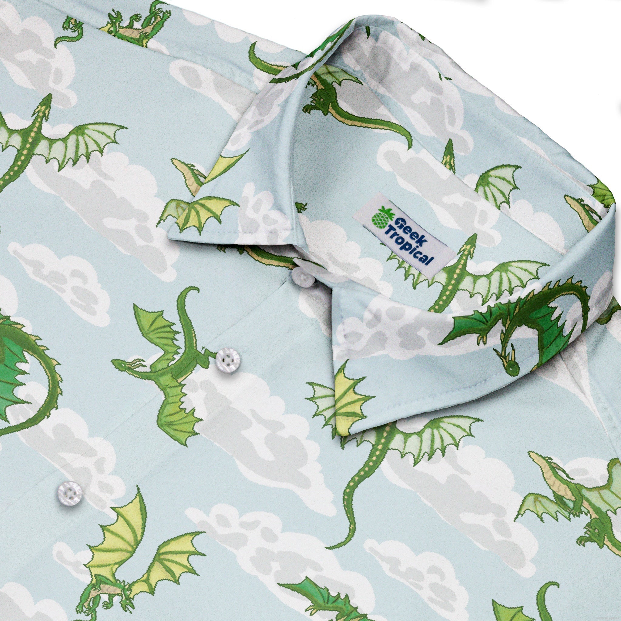 Pixel Dragon Video Game Mist Button Up Shirt Geek Nerd adult sizing Designs by Nathan fantasy prints