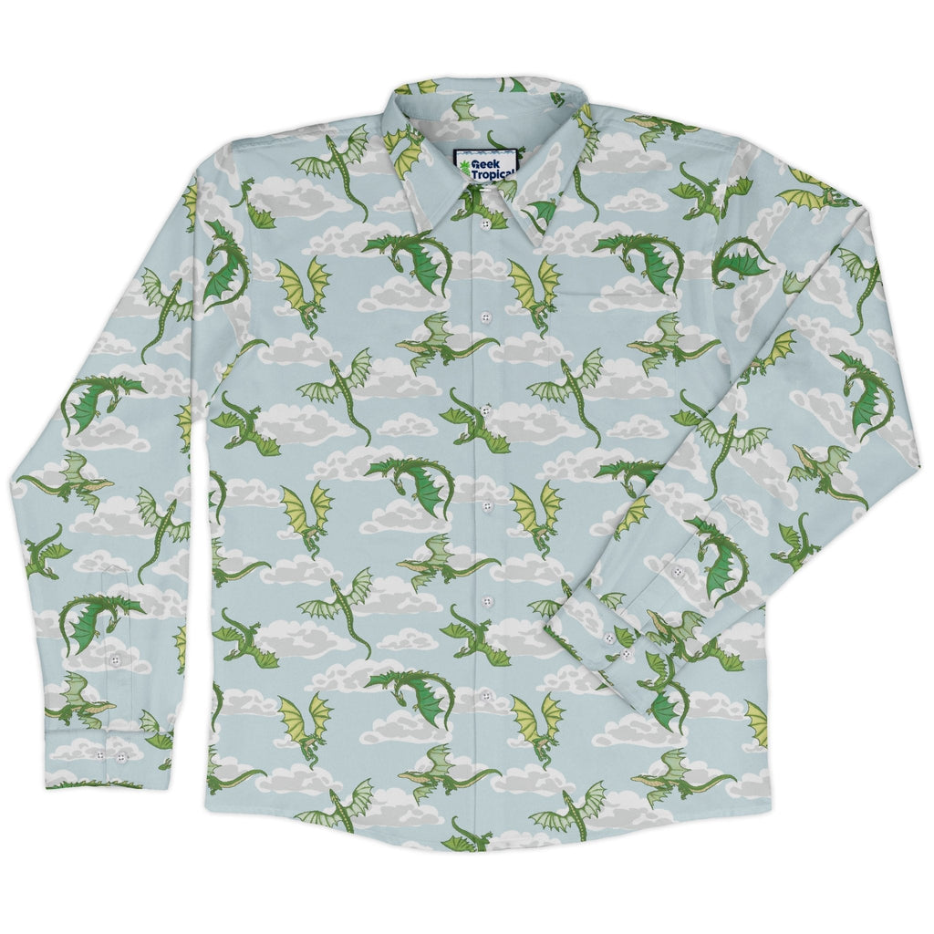 Pixel Dragon Video Game Mist Long Sleeve Button Up Shirt Geek Nerd adult sizing Designs by Nathan fantasy prints
