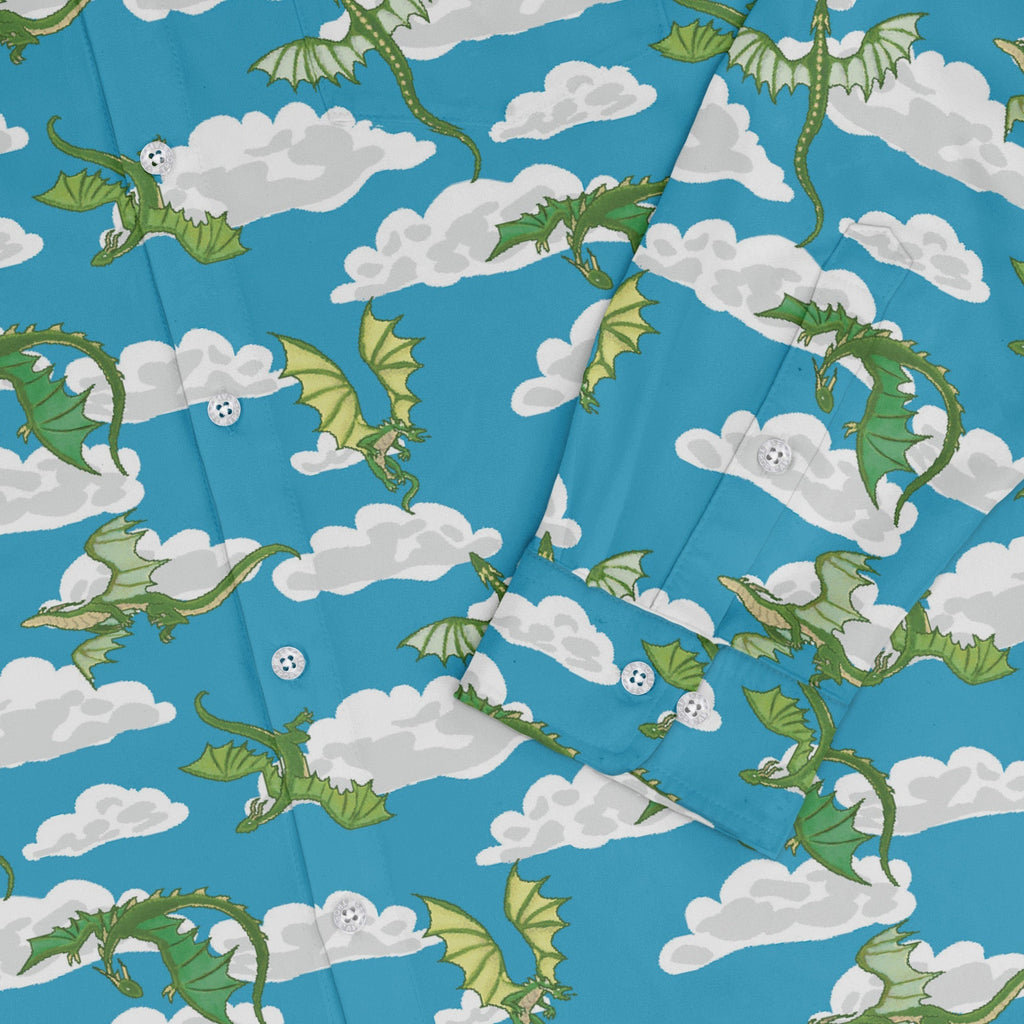 Pixel Dragon Video Game Sky Long Sleeve Button Up Shirt Geek Nerd adult sizing Designs by Nathan fantasy prints